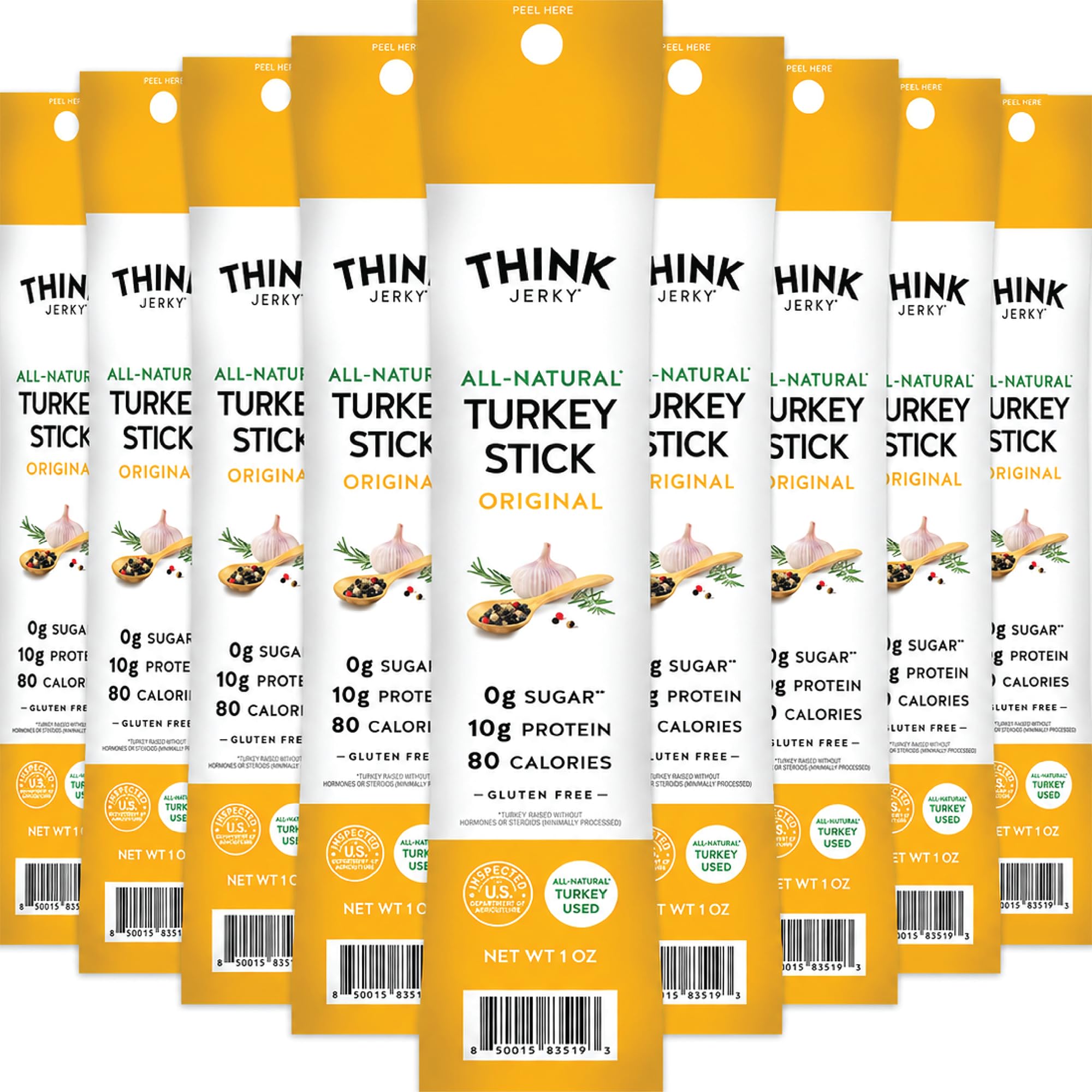 Think Jerky pack frontal mostrando 20 bastones, ideal para snacks proteicos