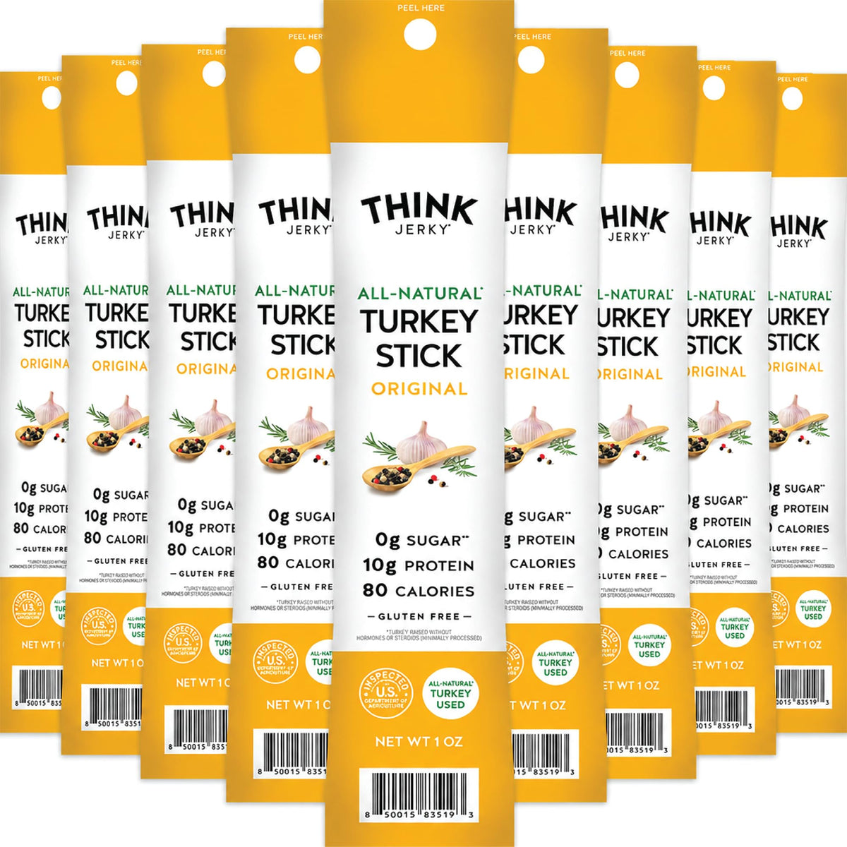 Think Jerky pack frontal mostrando 20 bastones, ideal para snacks proteicos