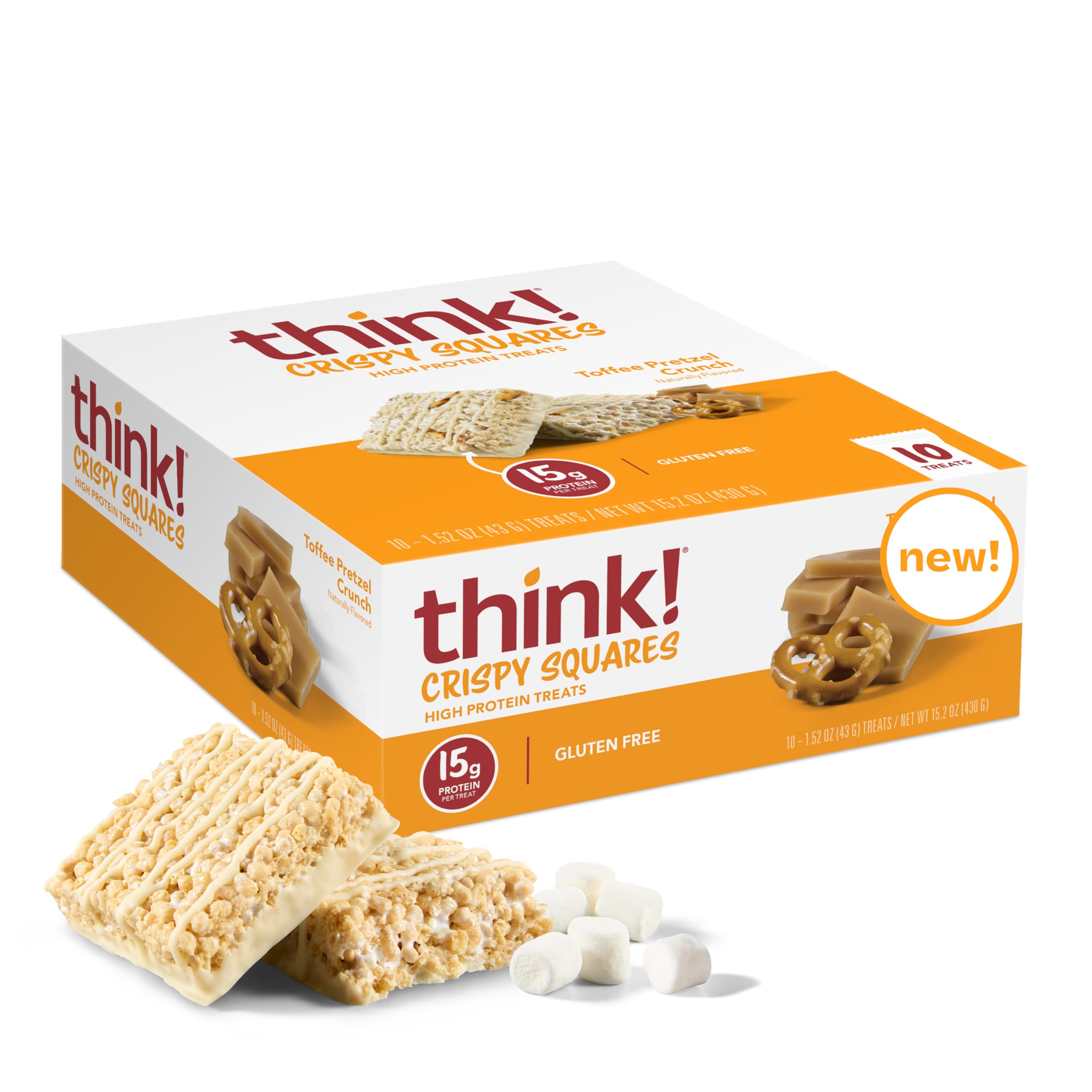 think! empaque frontal Toffee Pretzel Crunch mostrando 10 unidades y etiqueta clara