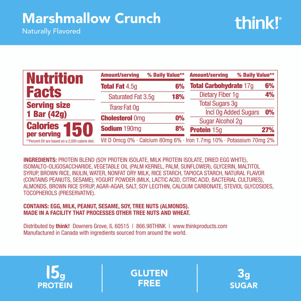 thinkThin etiqueta nutricional enfocada en 15 g de proteína y 3 g de azúcar