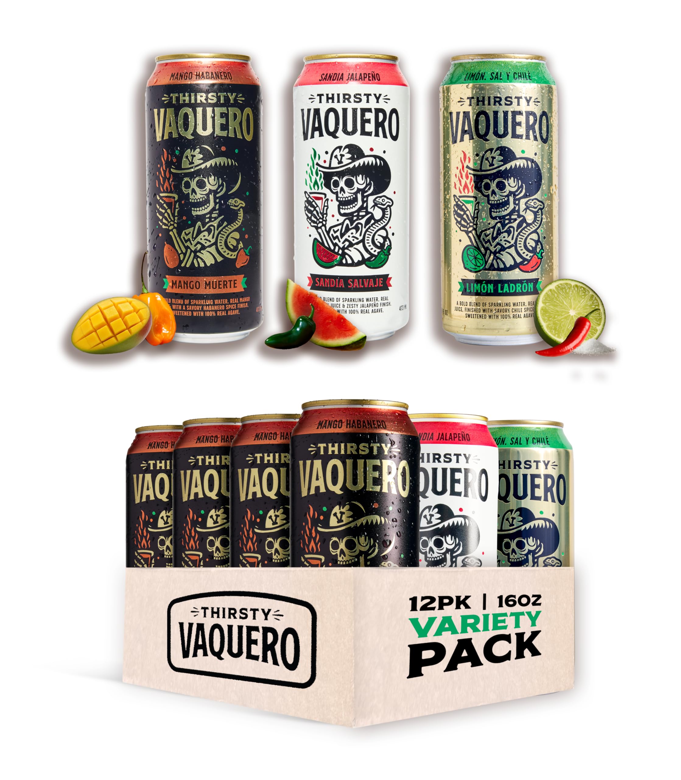 Thirsty Vaquero pack frontal mostrando las tres latas y variedad
