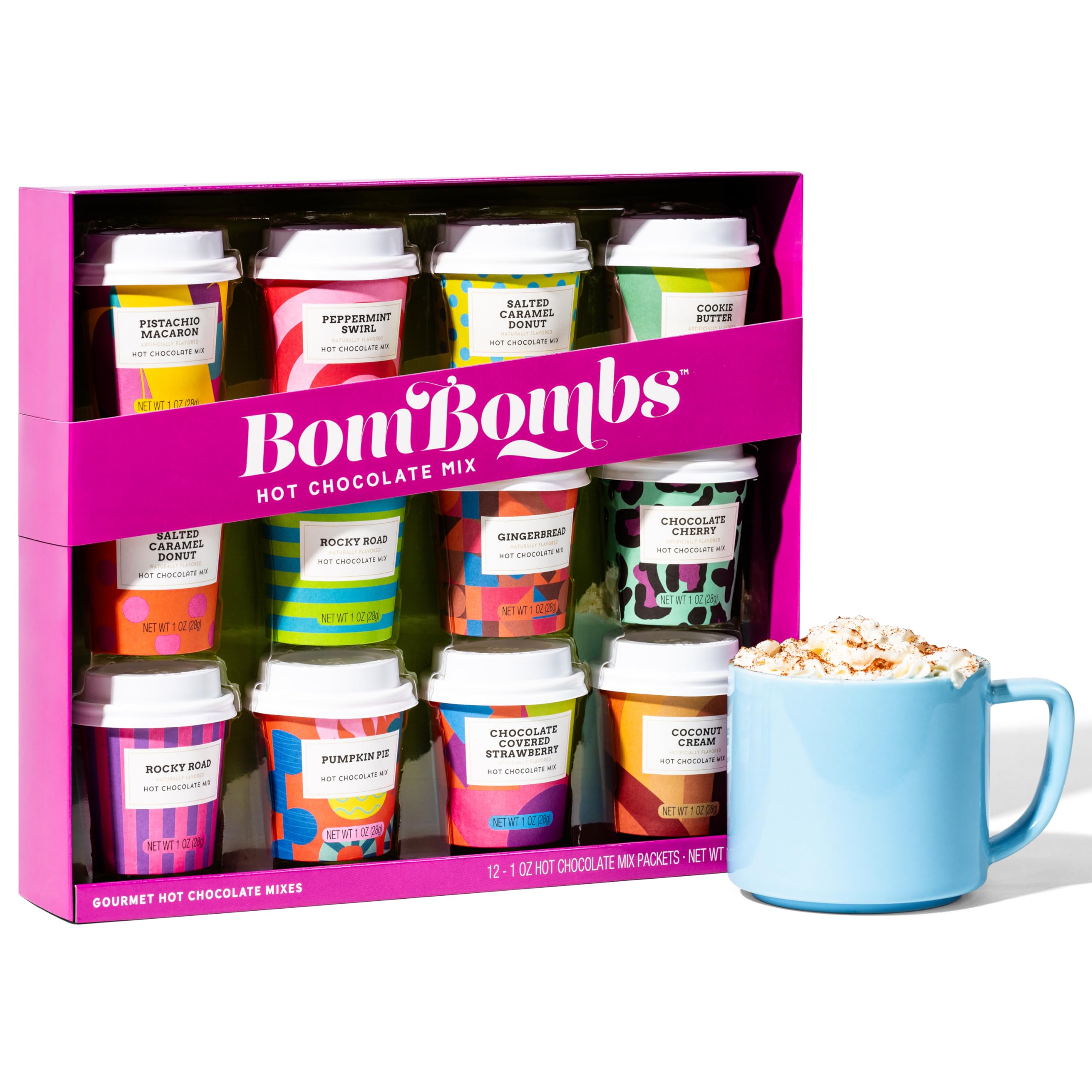 Thoughtfully BomBombs vista frontal del set mostrando las 12 mini copas y colores festivos