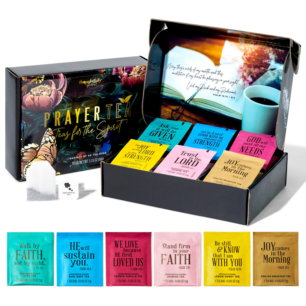 Thoughtfully estuche abierto mostrando las 6 variedades y 90 bolsitas, ideal para regalo