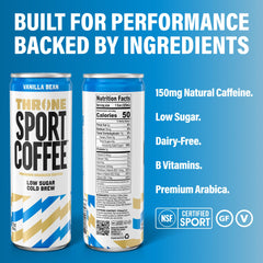 Throne Sport Coffee detalle de etiqueta que destaca vitaminas B y certificación