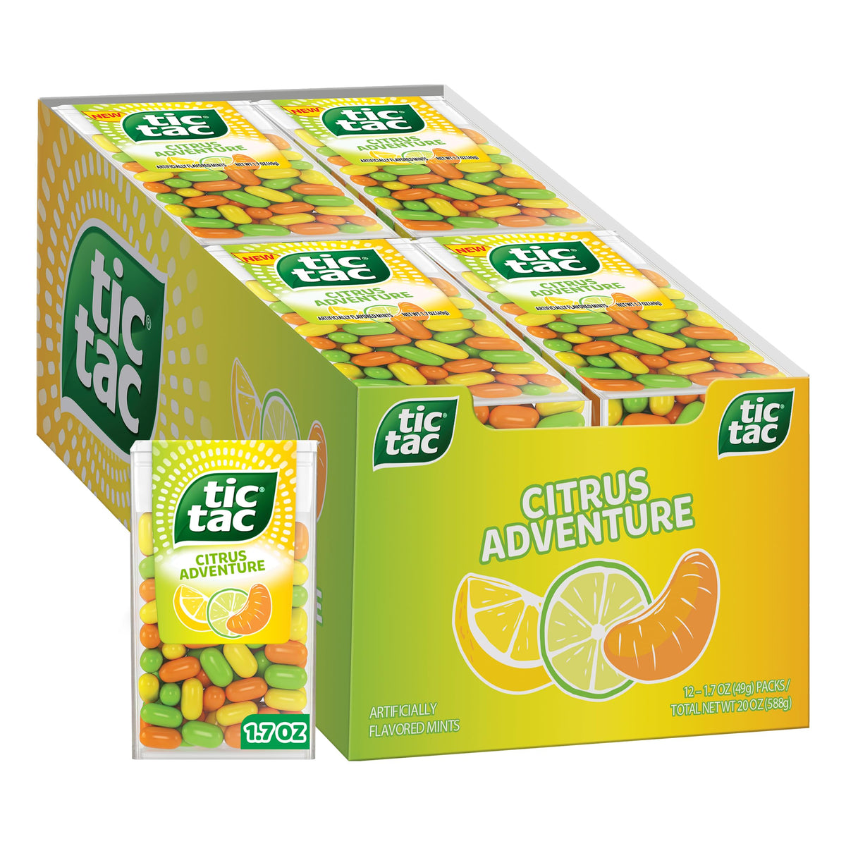 Tic Tac frente del envase mostrando diseño portátil y color cítrico