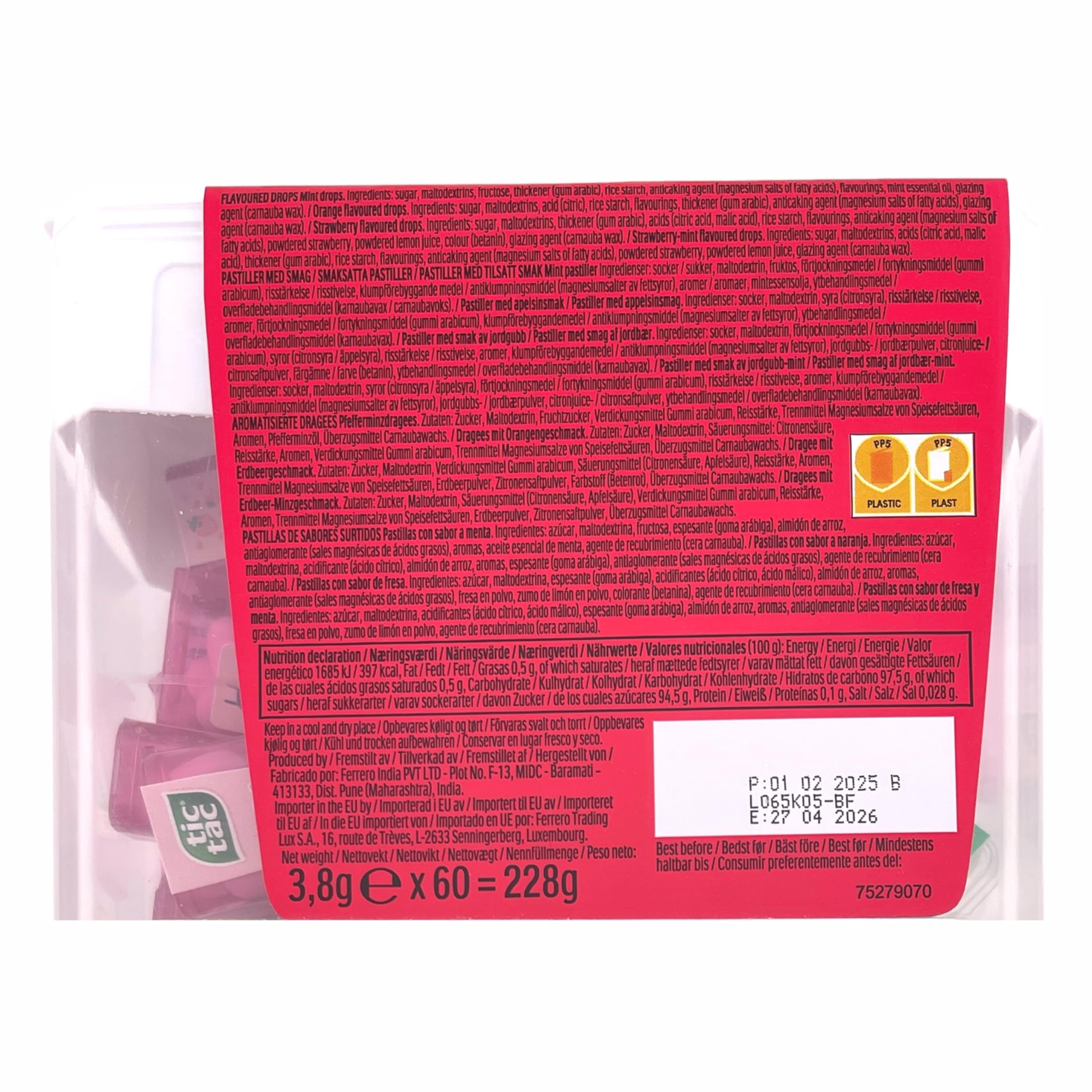 Tic Tac etiqueta con información nutricional legible y clara