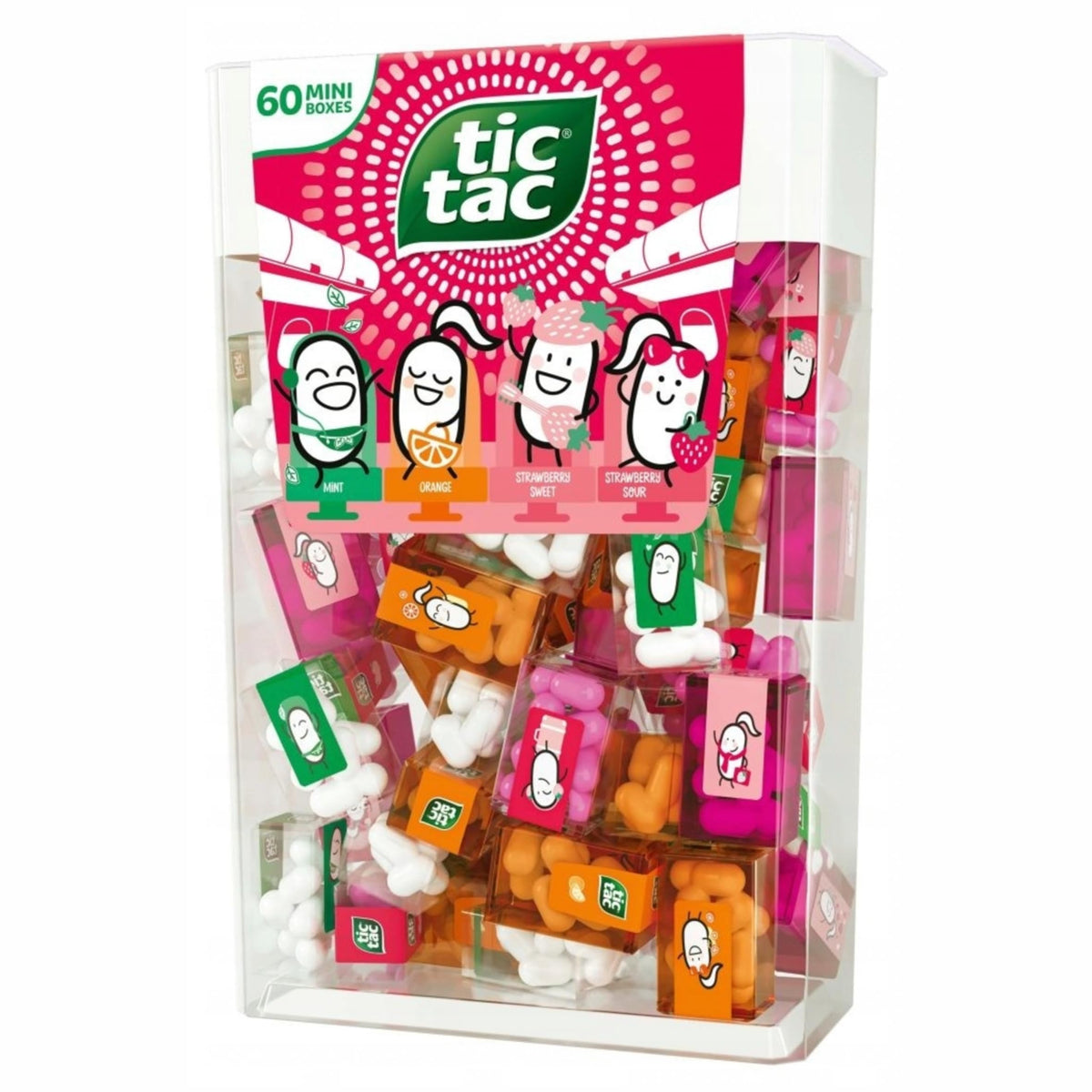 Tic Tac frontal del paquete surtido mostrando las mini cajas y variedad