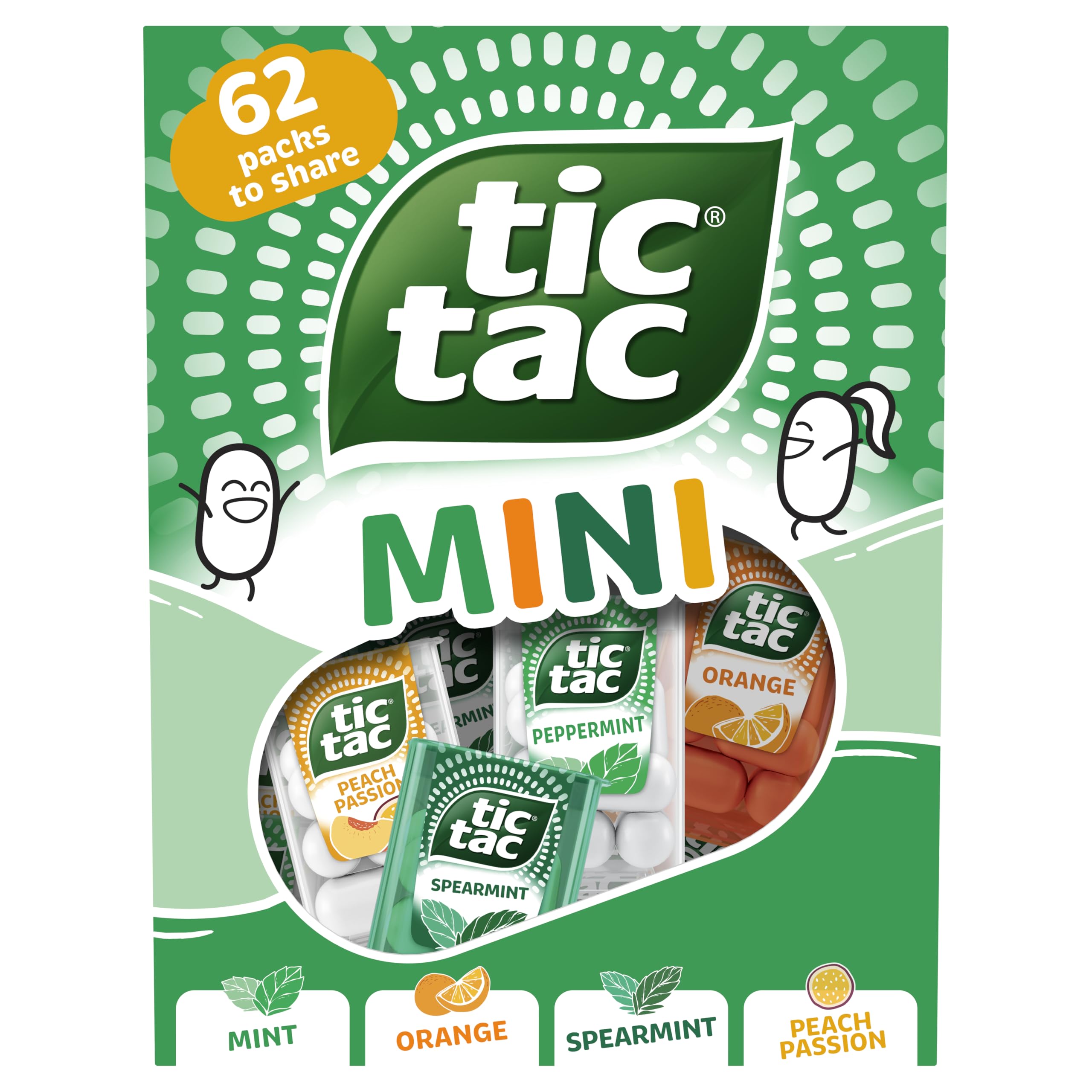 Tic Tac pack frontal mostrando etiquetas y cuatro sabores para compartir