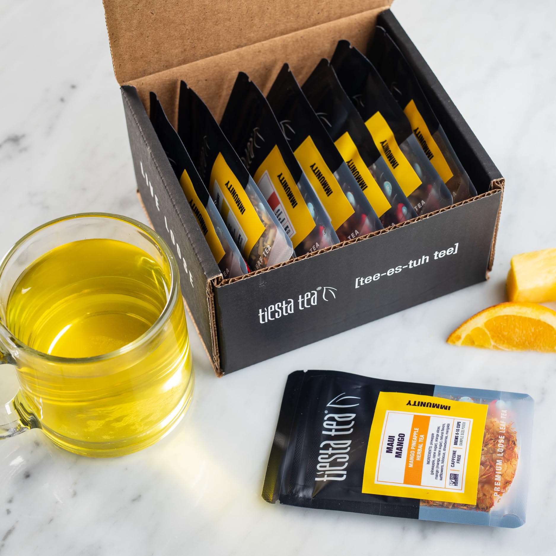 Tiesta Tea empaques resellables Orange Tango conservando frescura