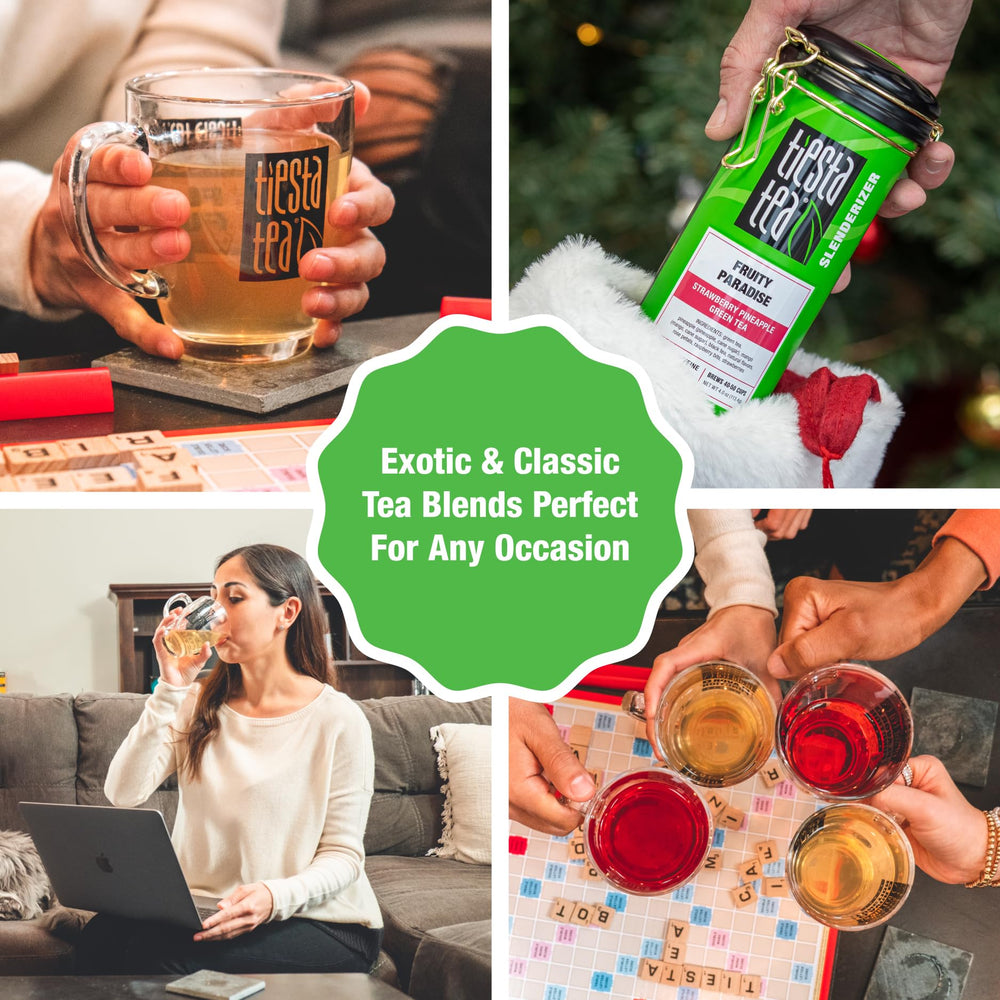 Tiesta Tea etiqueta con información de ingredientes y sellado resellable