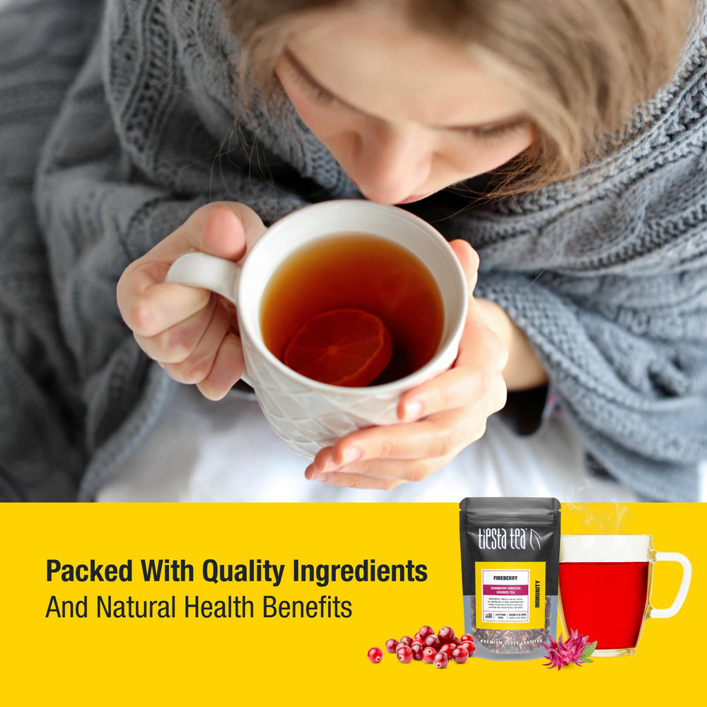 Tiesta Tea taza humeante Fireberry que sugiere sabor intenso y reconfortante