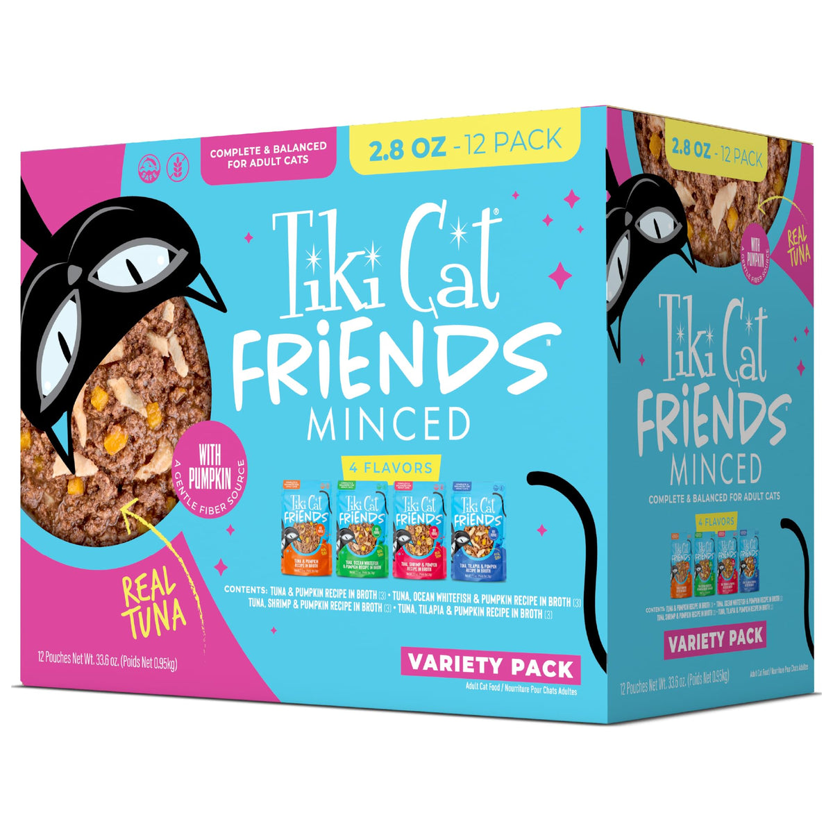Tiki Cat frontal del empaque mostrando variedad y tamaño, ideal para elegir sabores