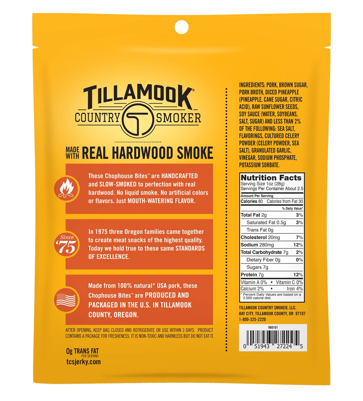 Tillamook Country Smoker bocados en plato listos para consumir, sabor teriyaki visible