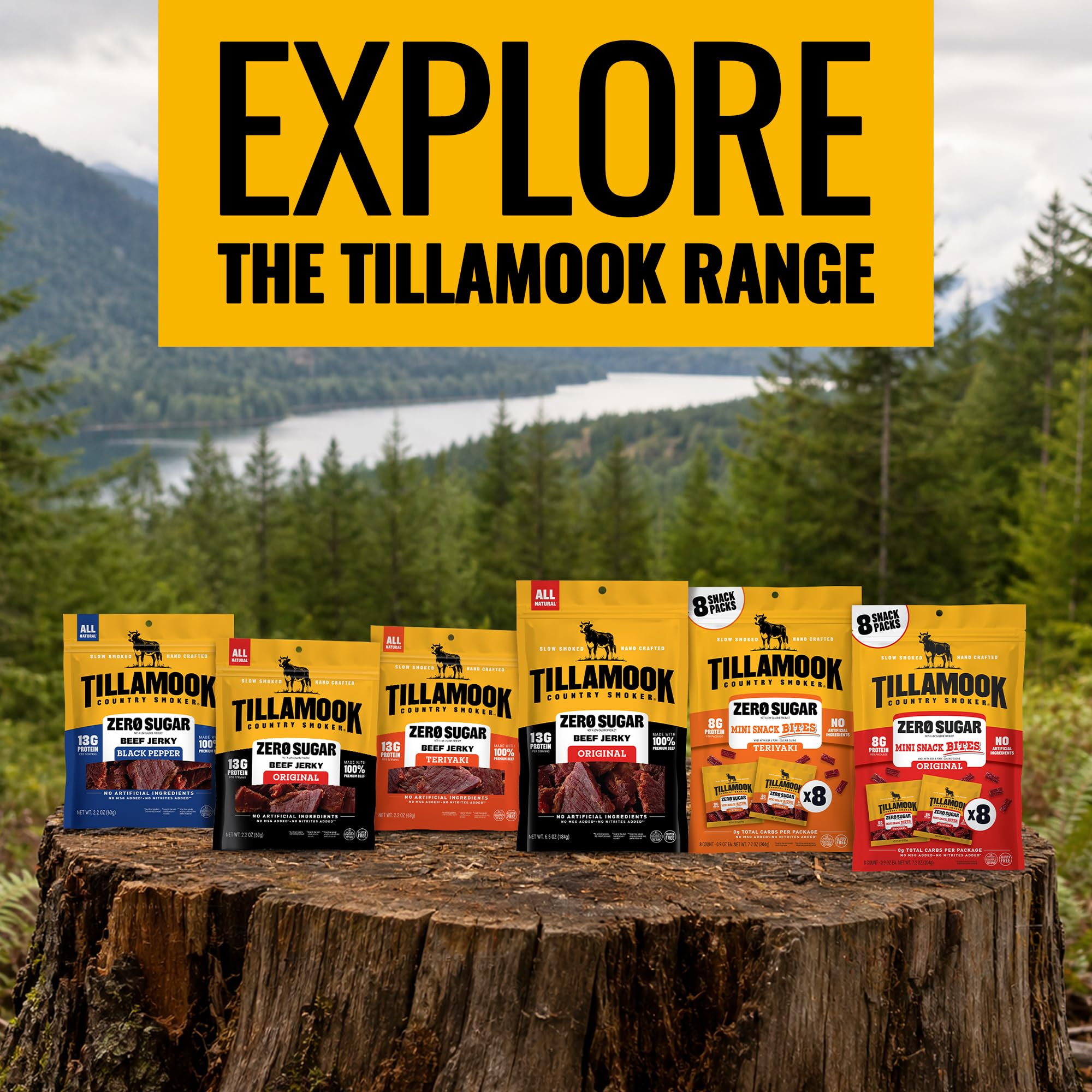 Tillamook Country Smoker tiras en mano para comparar tamaño y portabilidad
