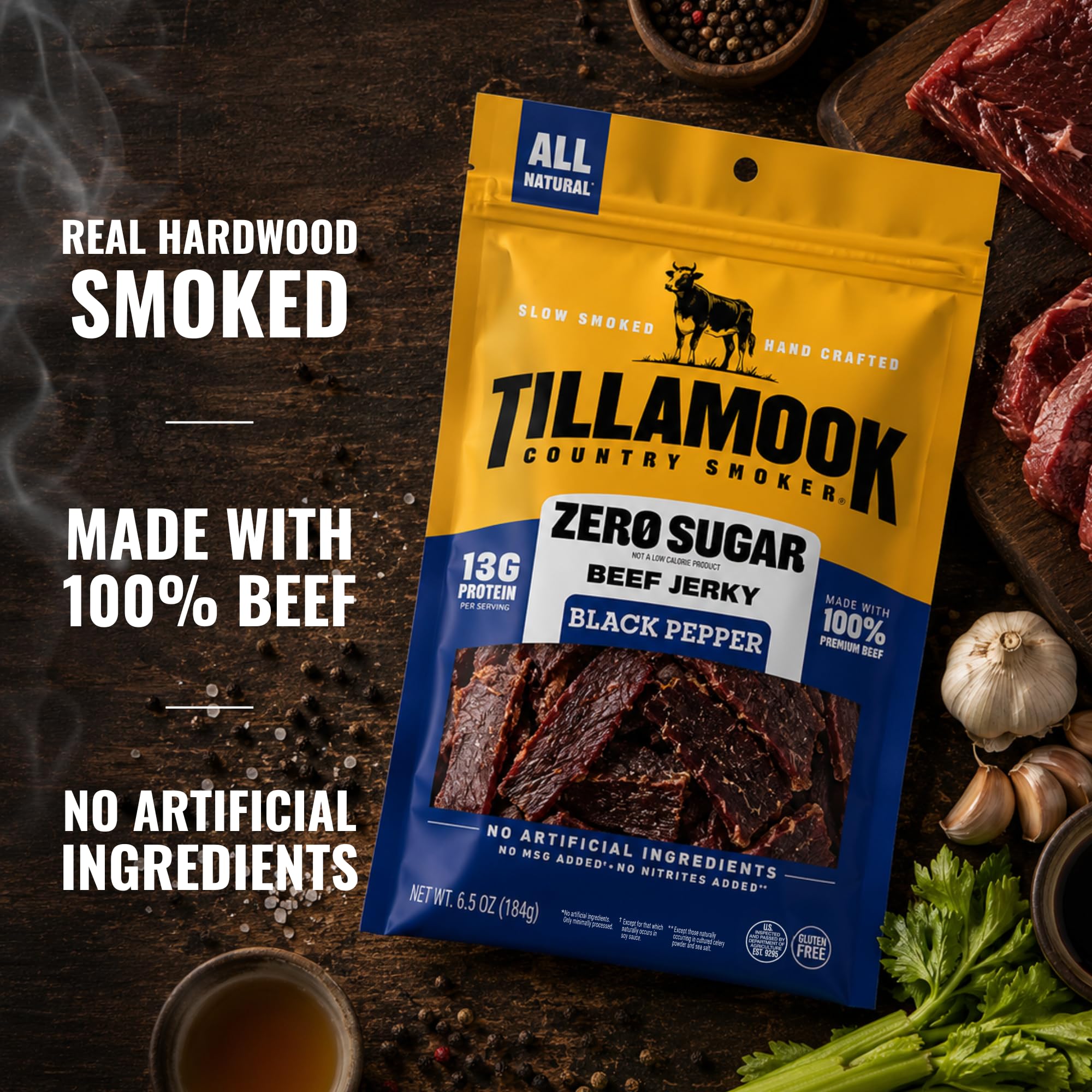 Tillamook Country Smoker empaque abierto con tiras listas para comer y conveniencia