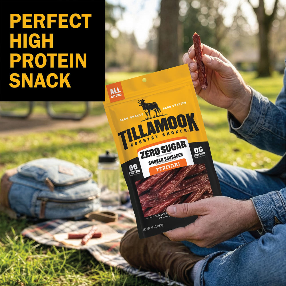Tillamook Country Smoker etiqueta nutricional destacando 0g azúcar