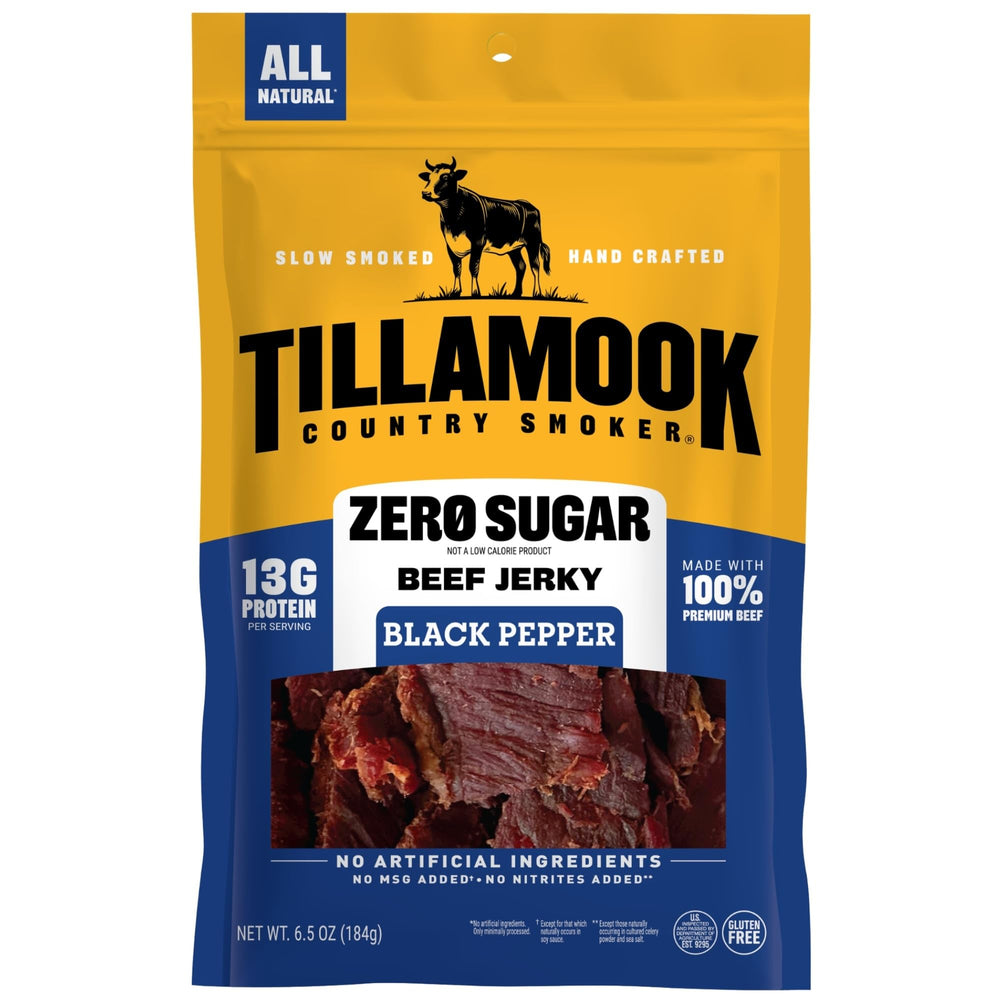 Tillamook Country Smoker paquete frontal mostrando tamaño y beneficio proteína