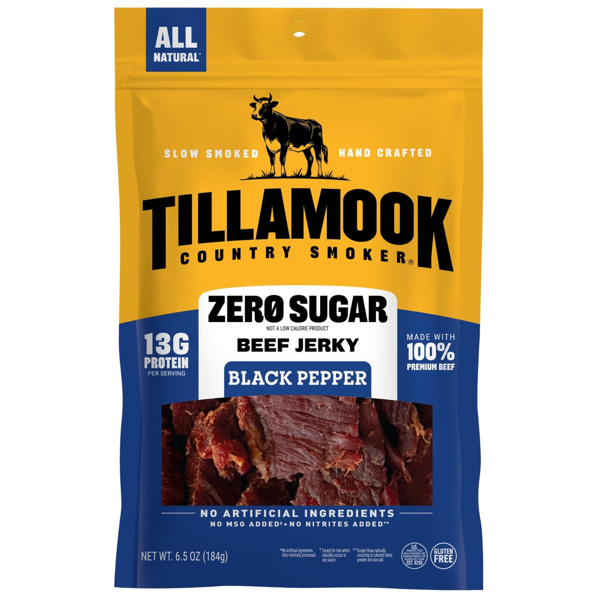 Tillamook Country Smoker paquete frontal mostrando tamaño y beneficio proteína