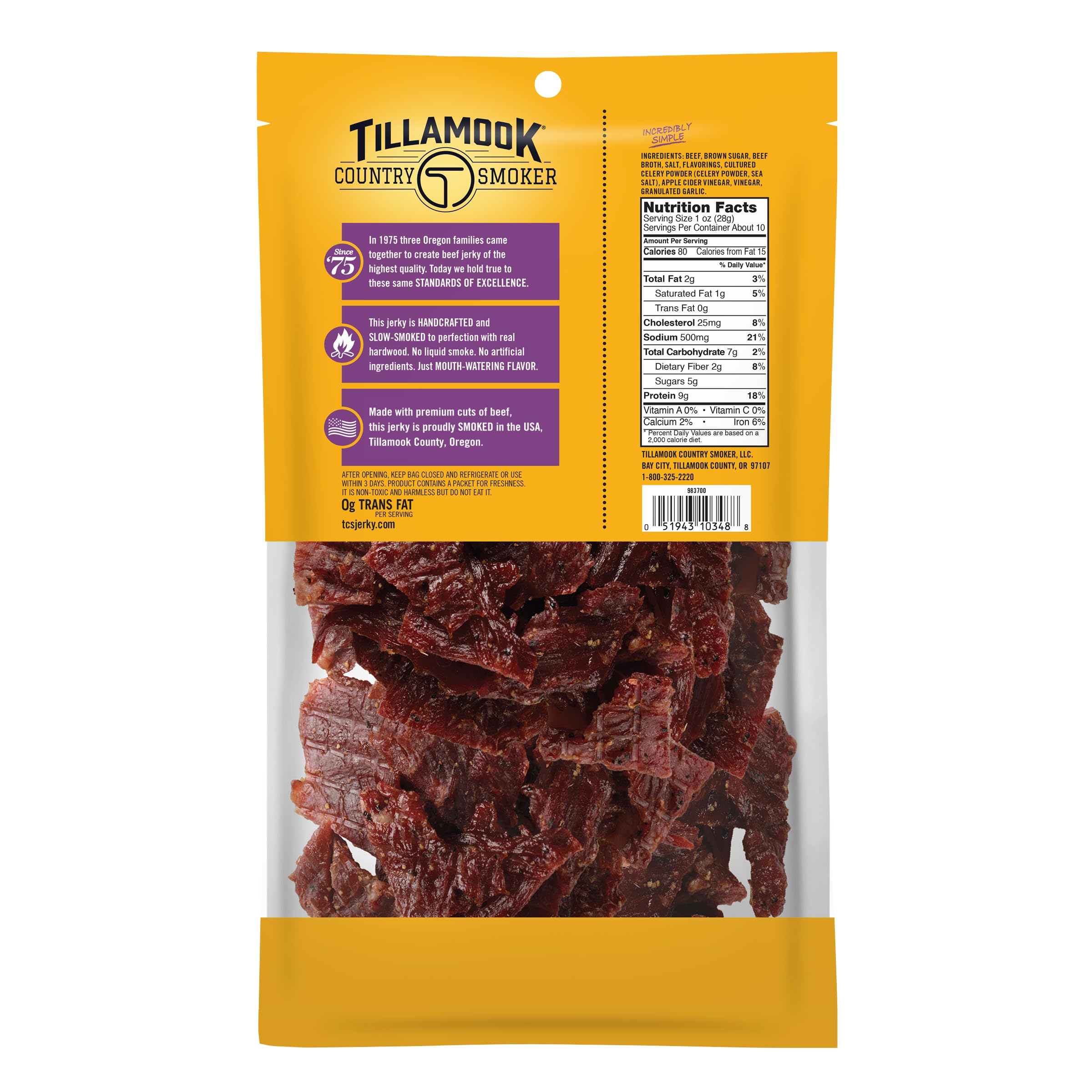 Tillamook Country Smoker close-up de tirilla y textura para apreciar masticabilidad