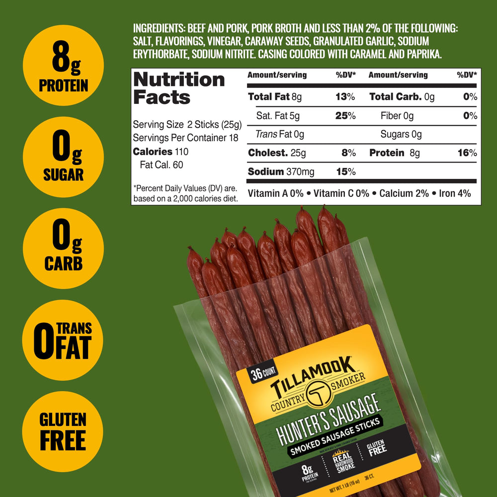 Tillamook Country Smoker etiqueta con información nutricional y beneficios claros