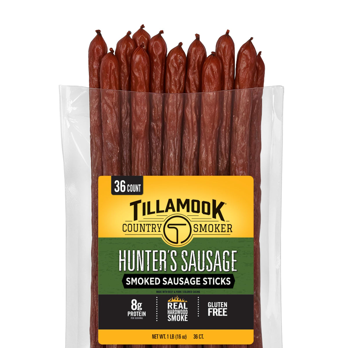 Tillamook Country Smoker frasco frontal mostrando 36 palitos y conveniencia