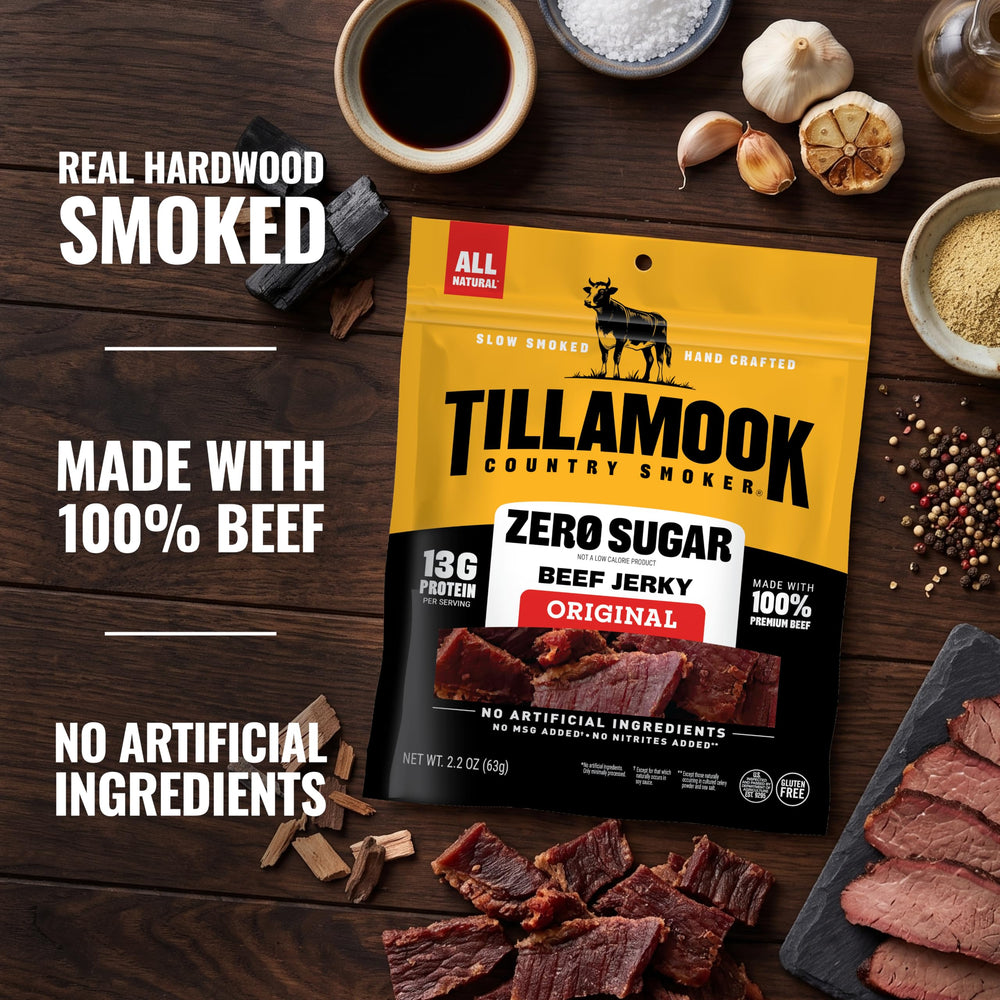 Tillamook Country Smoker tiras de jerky de res en primer plano, textura tierna y ahumada