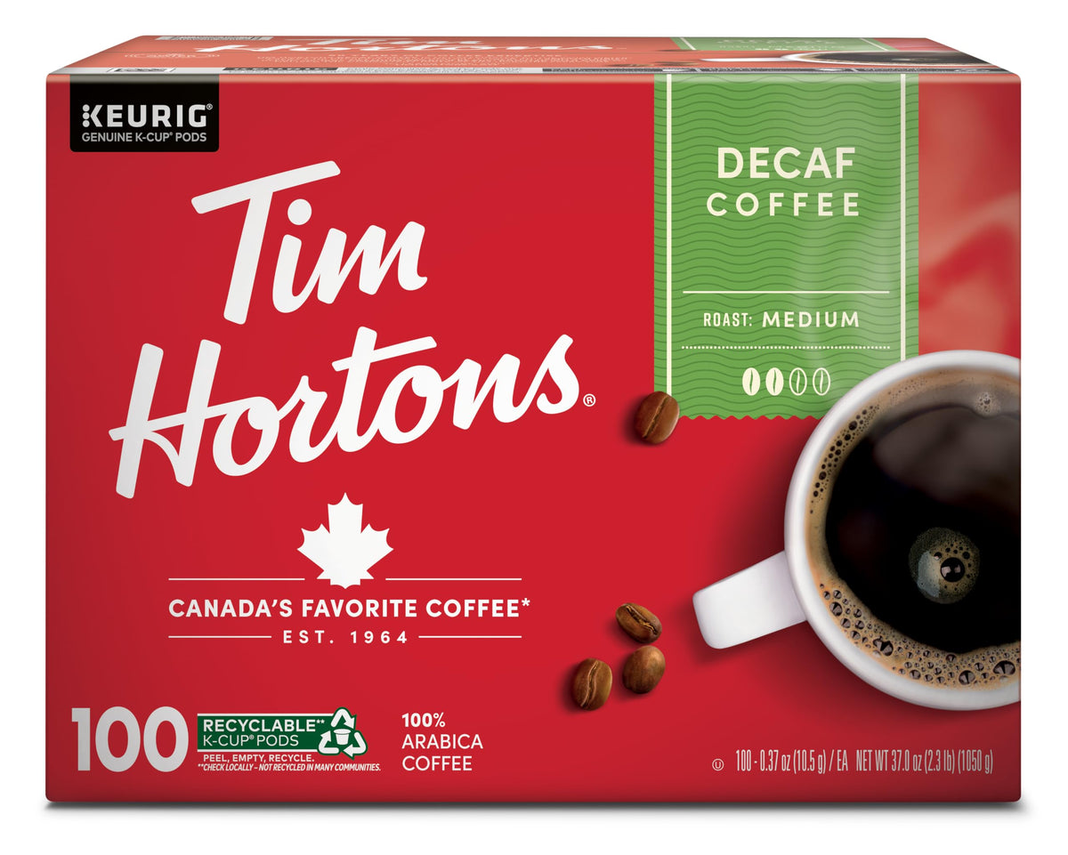 Tim Hortons caja de 100 cápsulas K-Cup vista frontal muestra conveniencia
