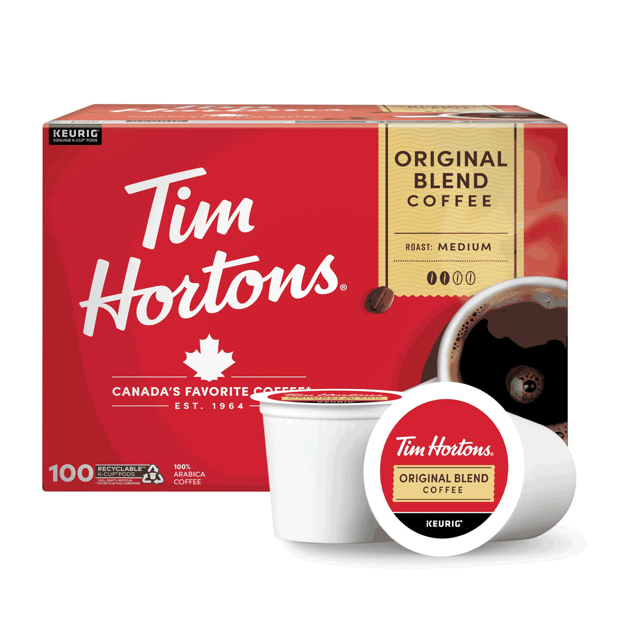 Tim Hortons caja frontal mostrando 100 K-Cups y conveniencia diaria