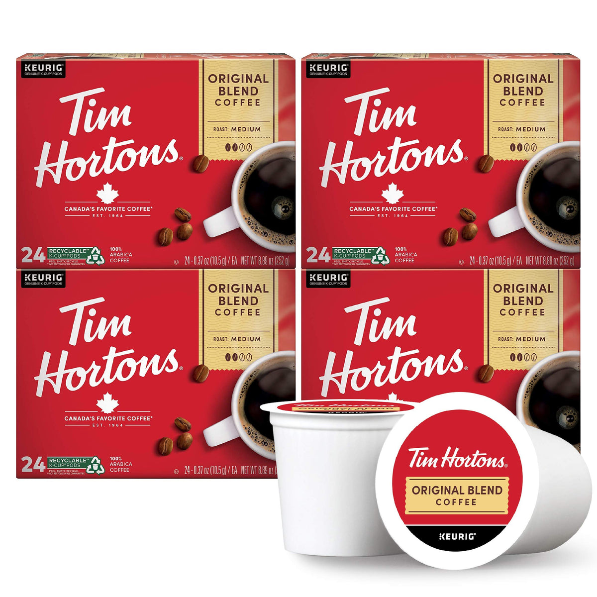 Tim Hortons caja frontal roja de 96 cápsulas K-Cup con logo y diseño reconocible, conveniencia inmediata