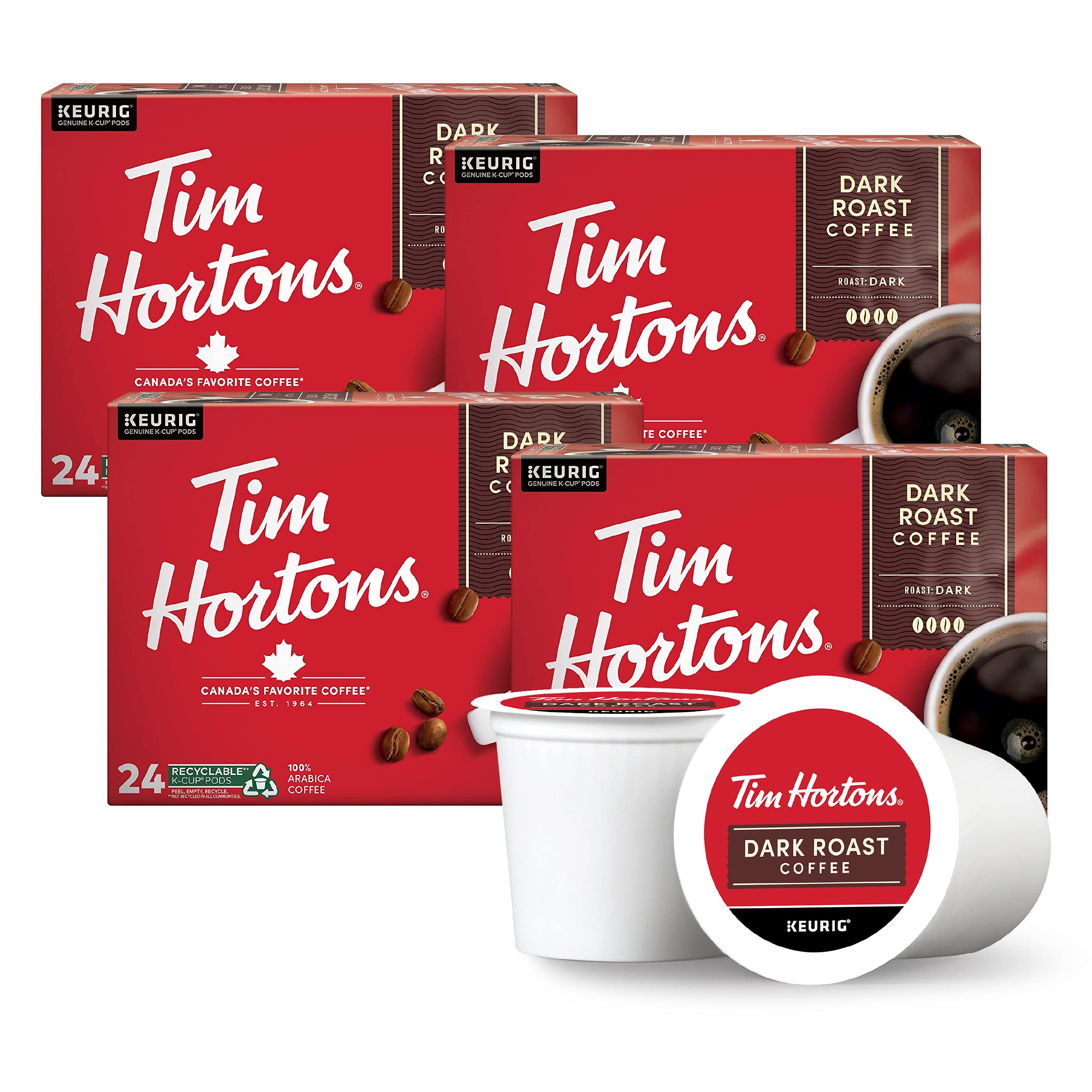 Tim Hortons paquete frontal mostrando diseño rojo y cantidad, conveniencia inmediata