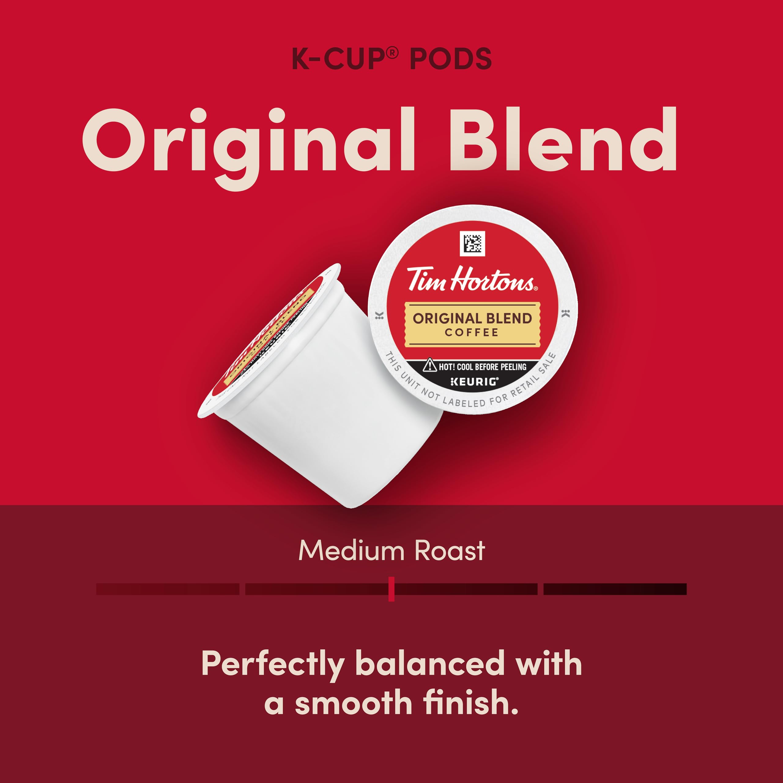 Tim Hortons primer plano cápsula K-Cup mostrando sello hermético y frescura preservada