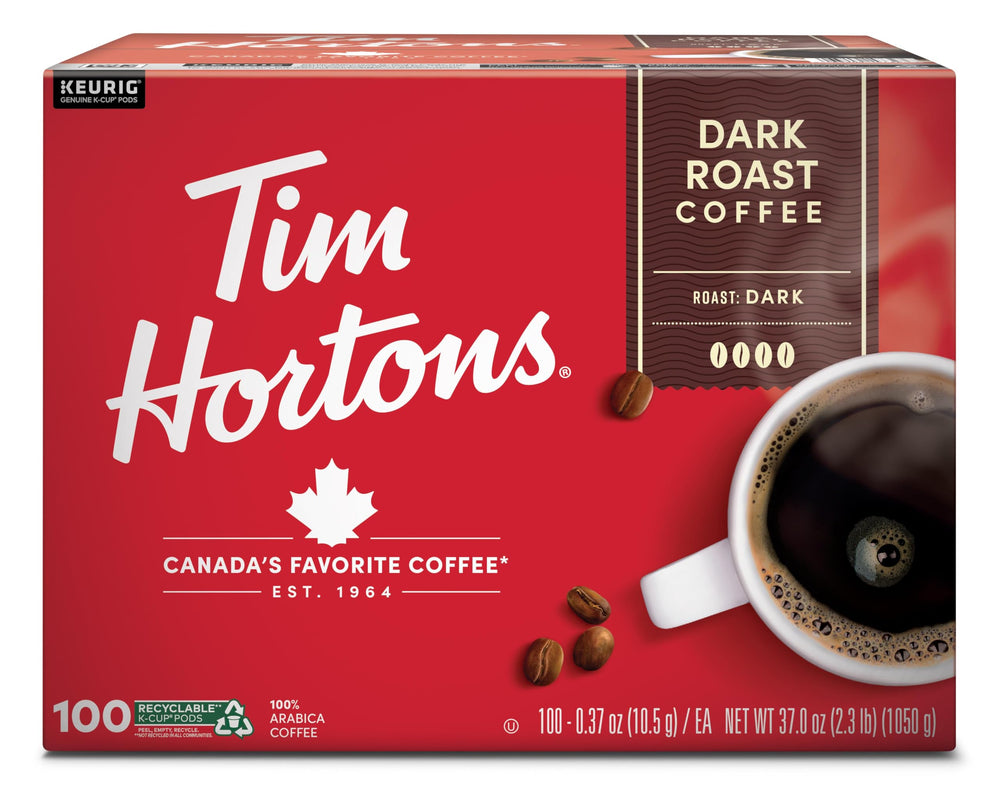 Tim Hortons envase frontal 100 K-Cups mostrando la marca y contenido práctico