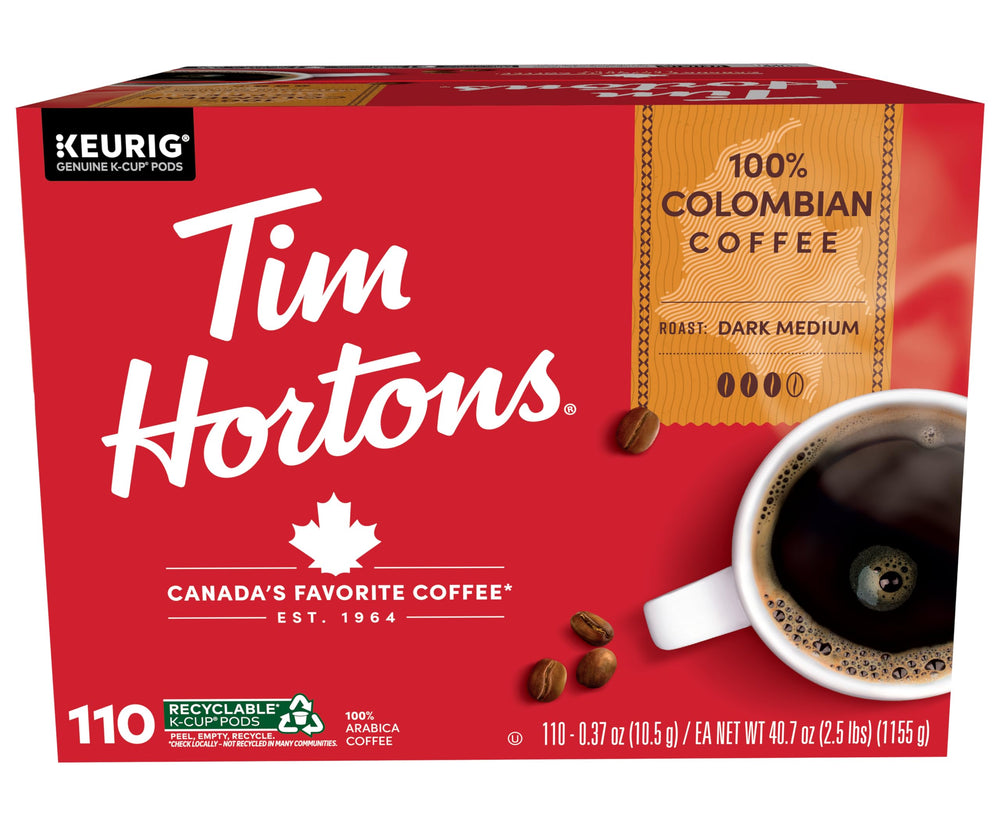 Tim Hortons frente de caja 110 K-Cups mostrando conveniencia y cantidad