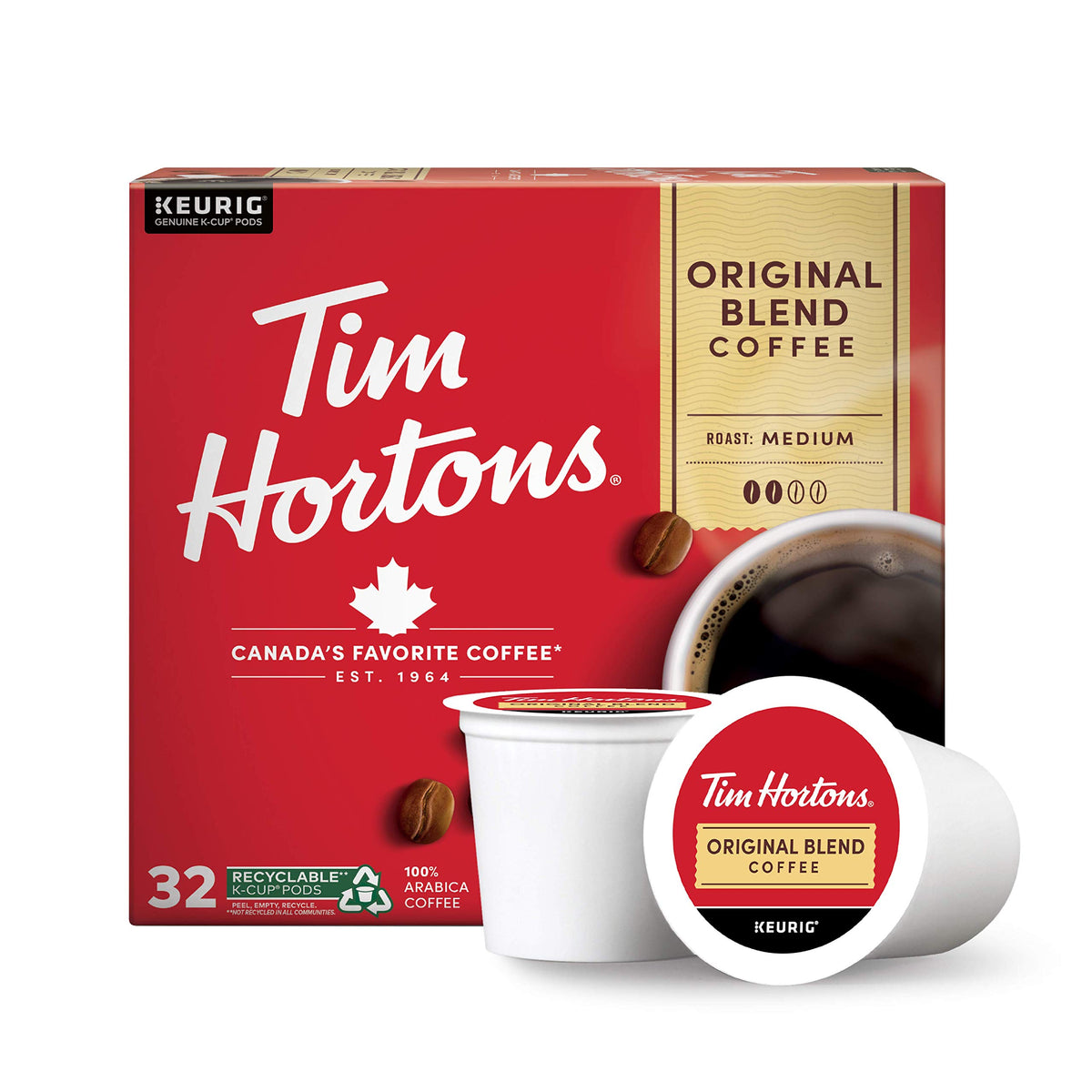 Tim Hortons empaquetado frontal rojo mostrando 32 cápsulas y conveniencia