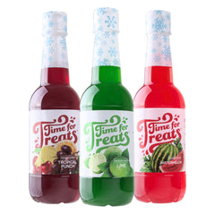 Time For Treats pack frontal mostrando las tres botellas y sabores, práctico para fiestas