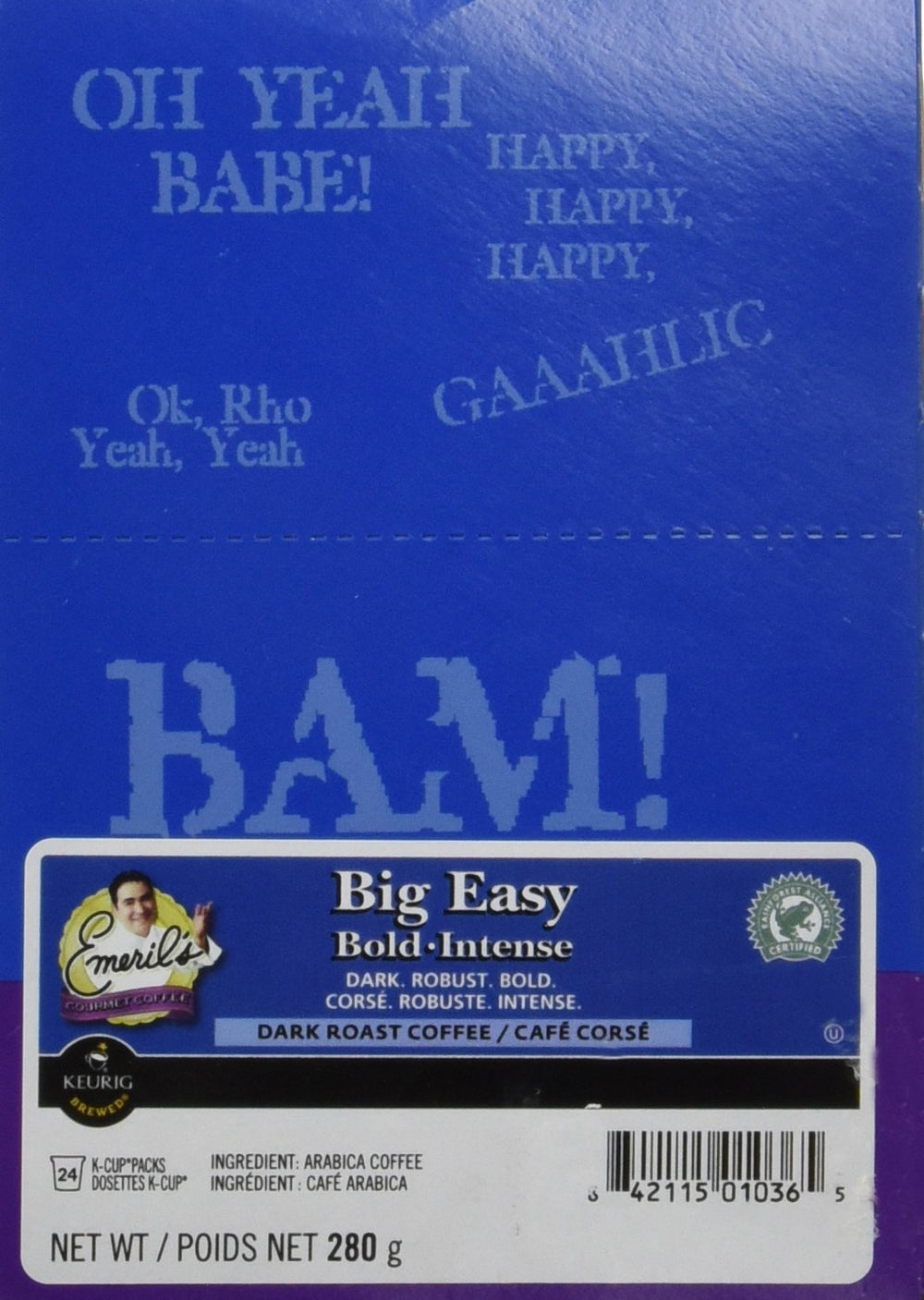 Timothy's World Coffee mostrando el frente del paquete Emeril's Big Easy Bold con diseño claro