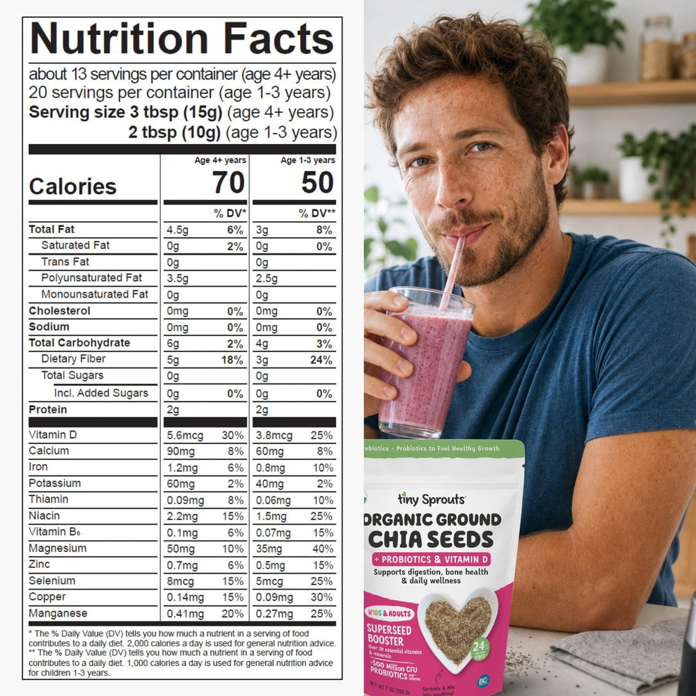 Tiny Sprouts etiqueta nutricional detallando fibra, probiótico y D3