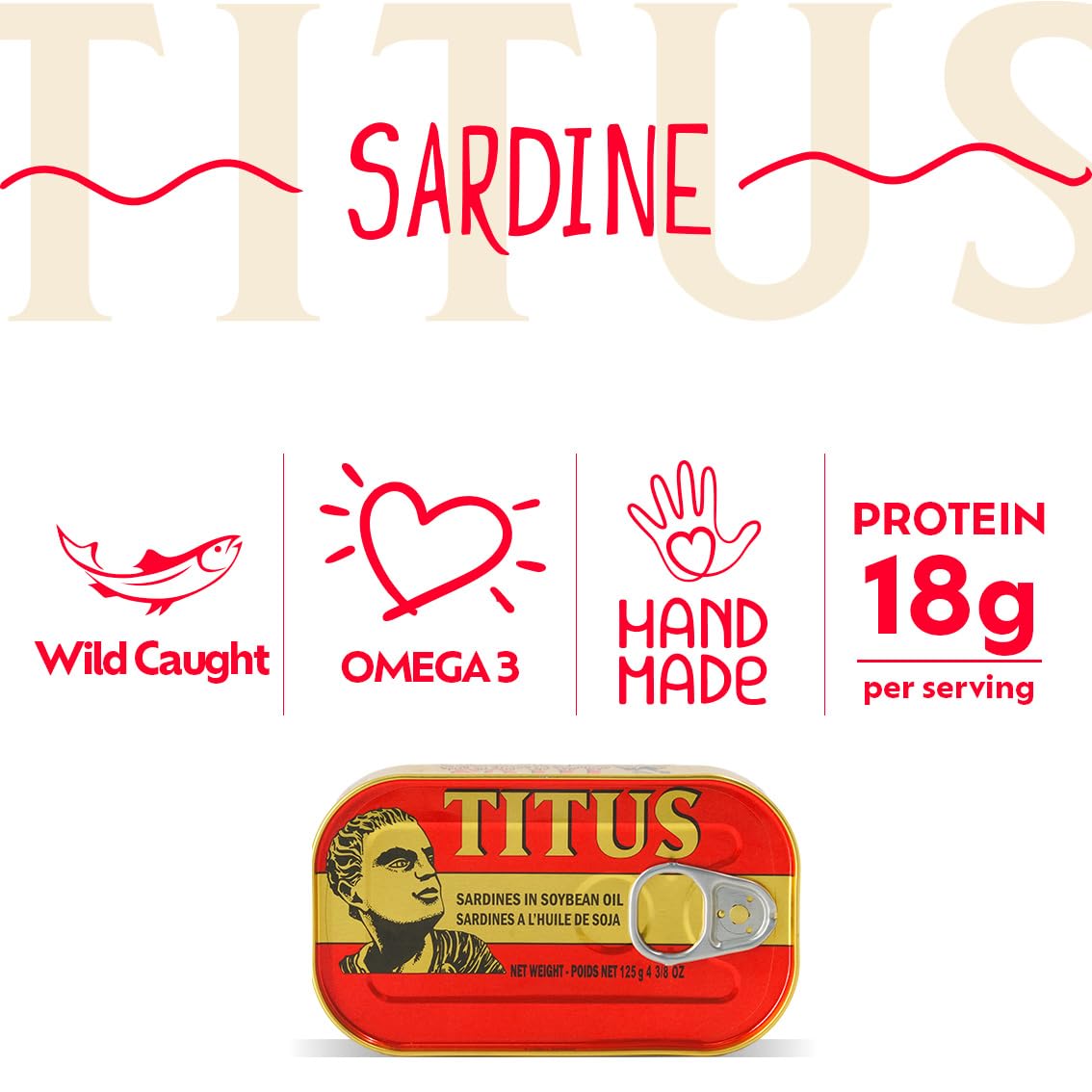 TITUS detalle de textura de sardinas en aceite de soya, aspecto apetitoso