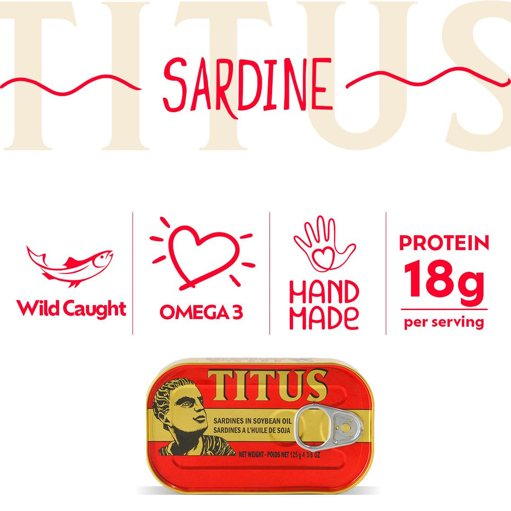 TITUS detalle de textura de sardinas en aceite de soya, aspecto apetitoso