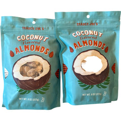 Trader Joe's paquete frontal de almendras sabor coco mostrando el diseño y cantidad