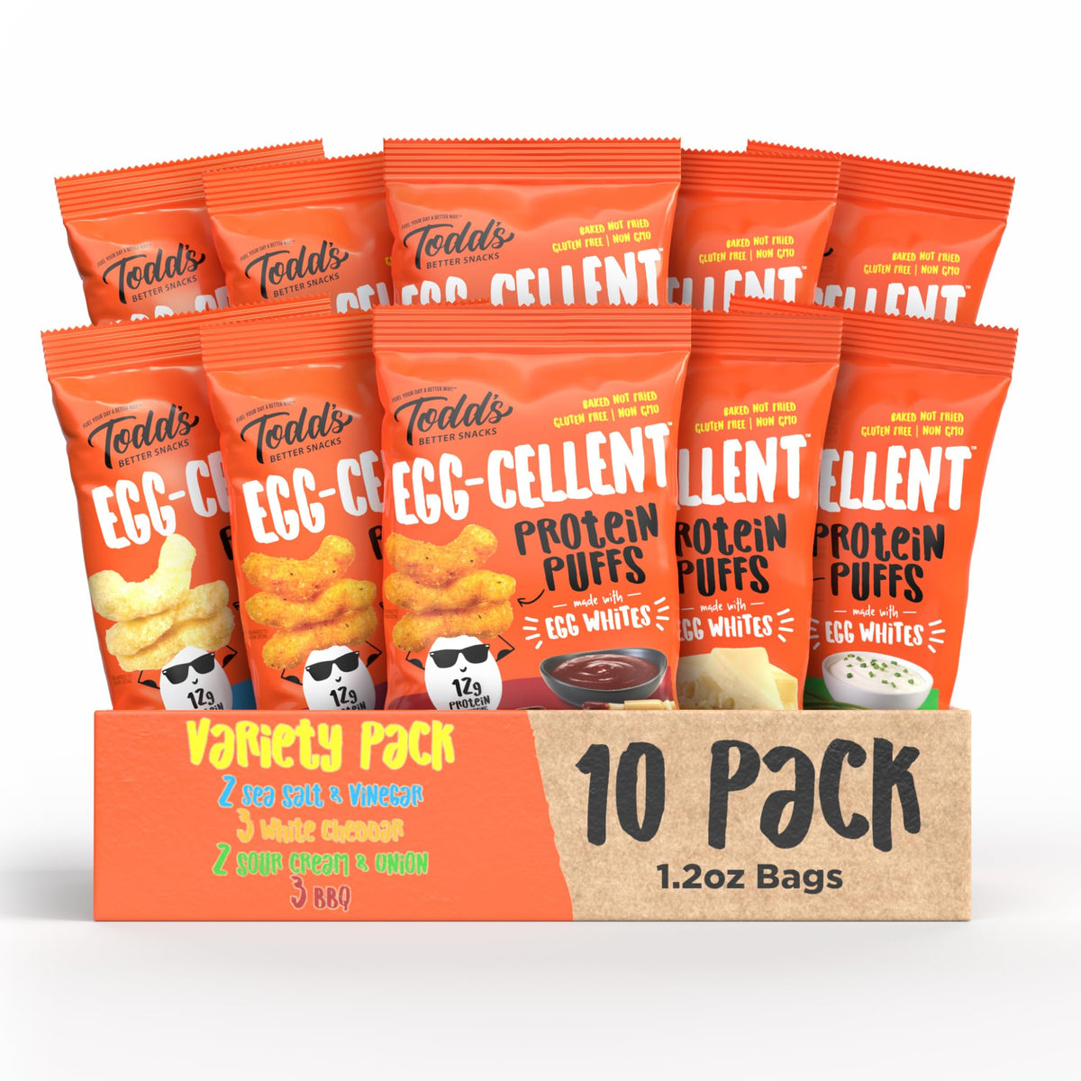 Todd's Better Snacks vista frontal del envase mostrando el pack variado, conveniencia inmediata