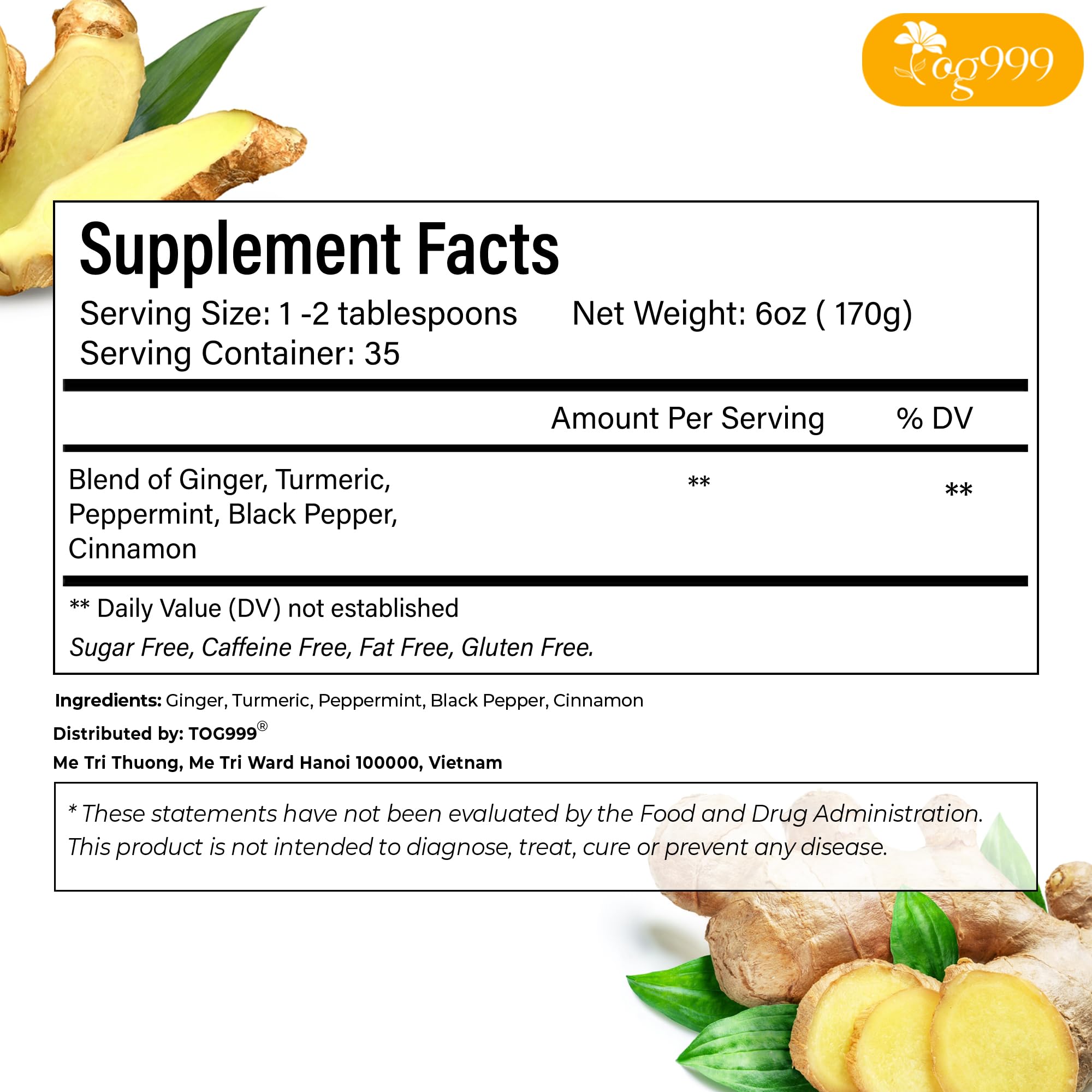 TOG999 etiqueta kraft con información de ingredientes y compromiso sostenible