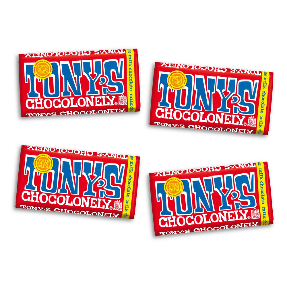 Tony's Chocolonely empaque frontal mostrando diseño colorido y mensaje justo