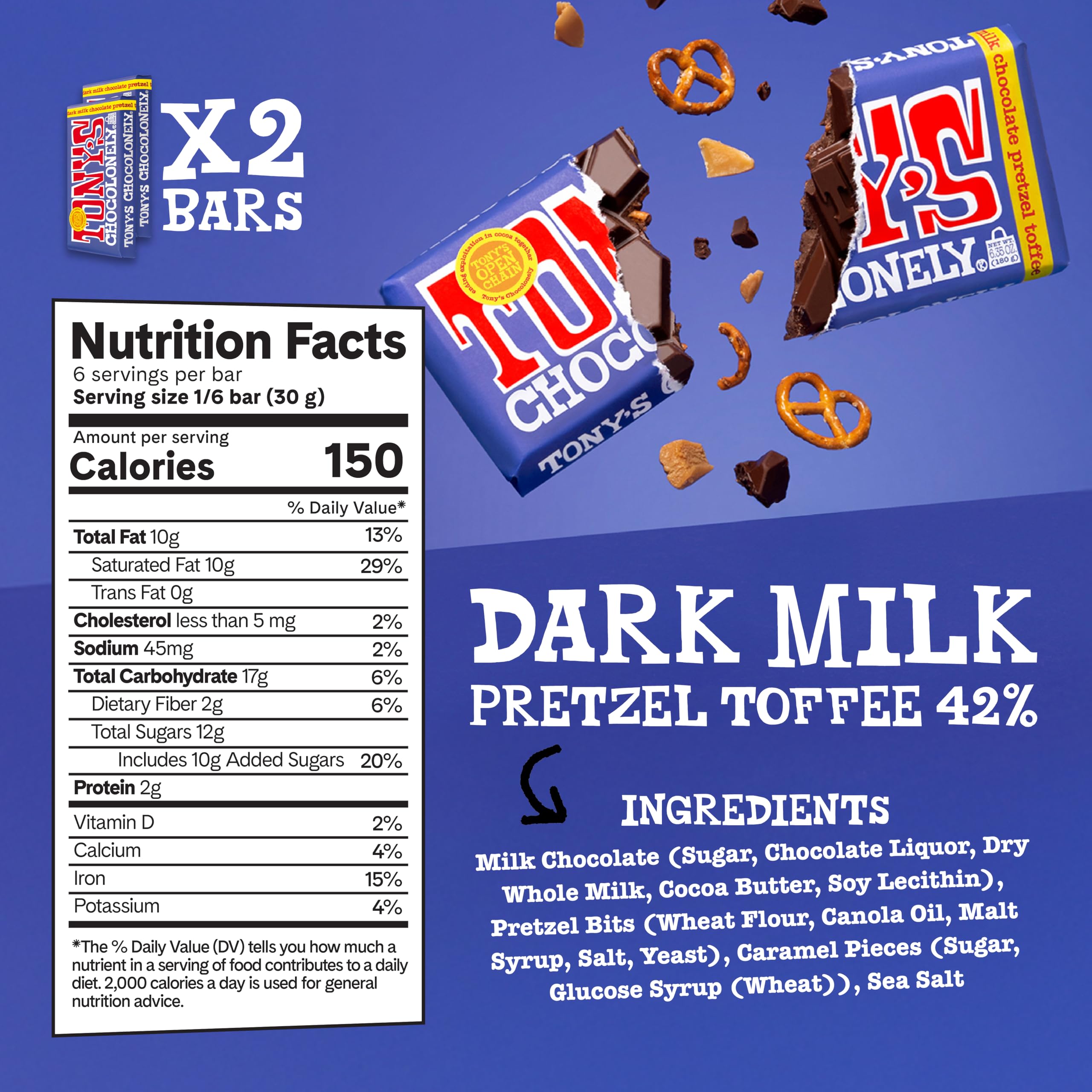 Tony's Chocolonely dark milk pretzel toffee con trozos crujientes visibles