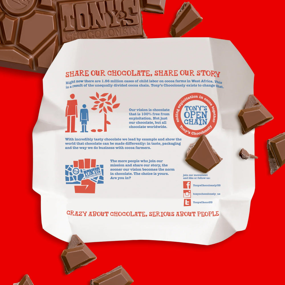 Tony's Chocolonely barra en mesa de café perfecta para acompañar un descanso