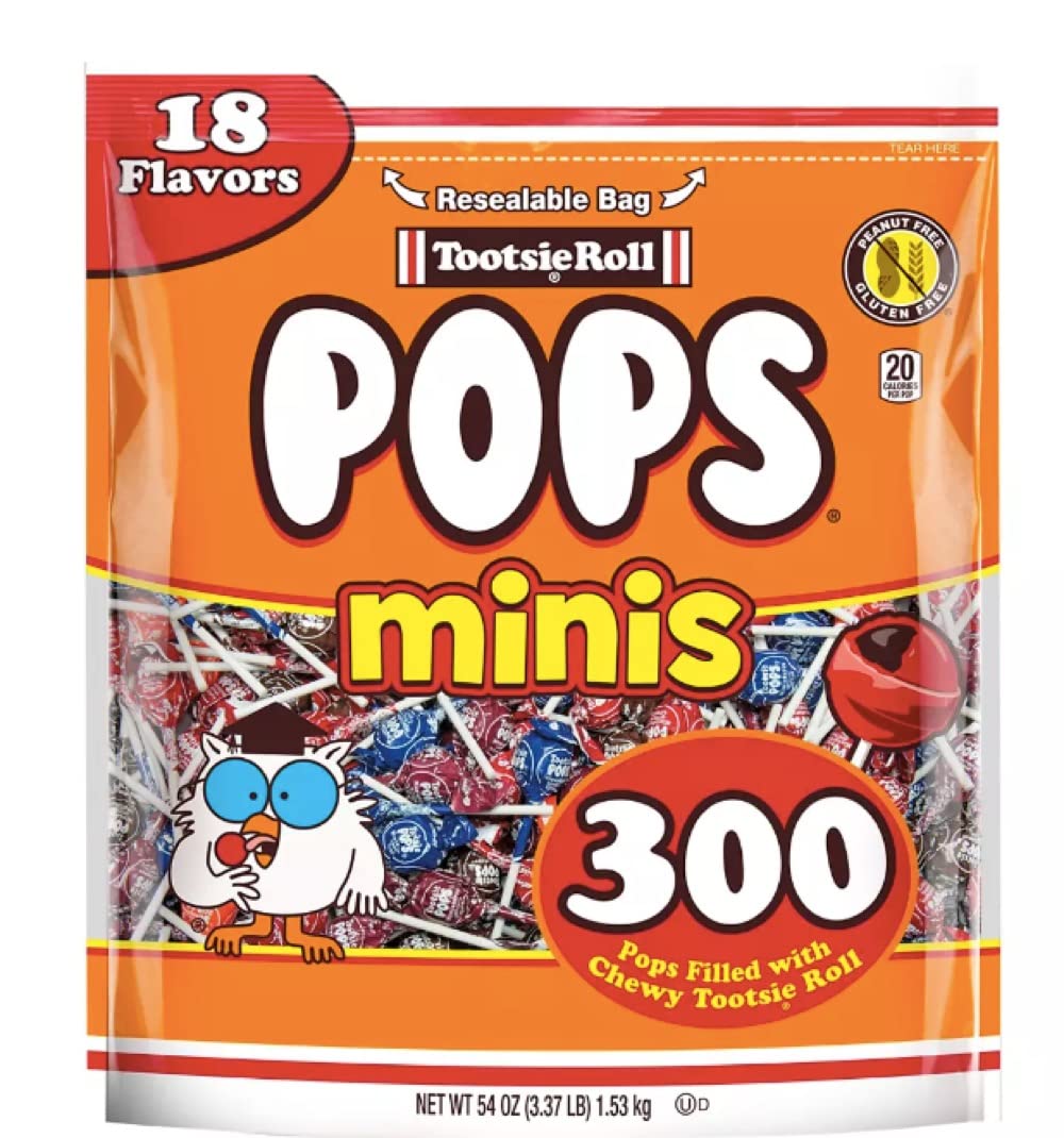 Tootsie Roll bolsa frontal resellable mostrando 300 Mini Pops y conveniencia