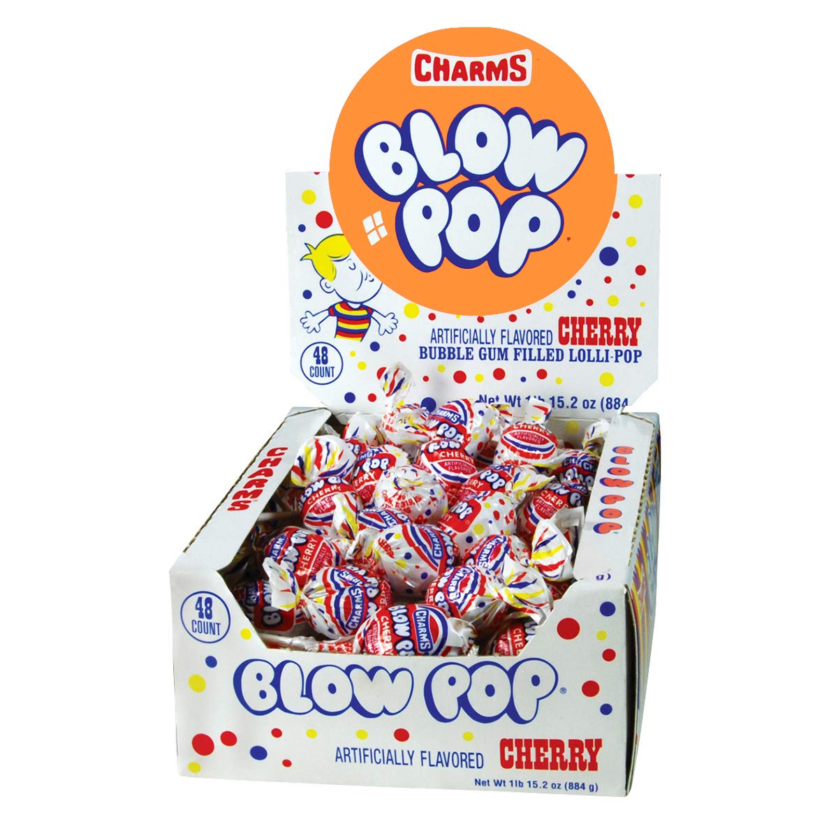 Tootsie Roll Charms Blow Pop frente del paquete muestra 48 unidades frescura