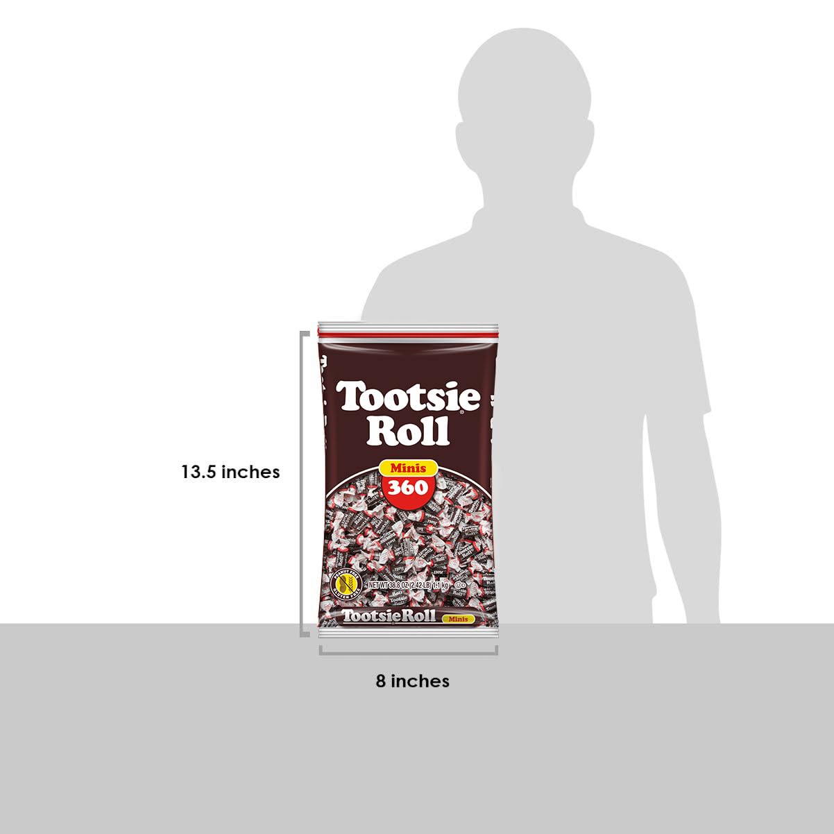 Tootsie Roll comparación de tamaño junto a moneda para escala práctica