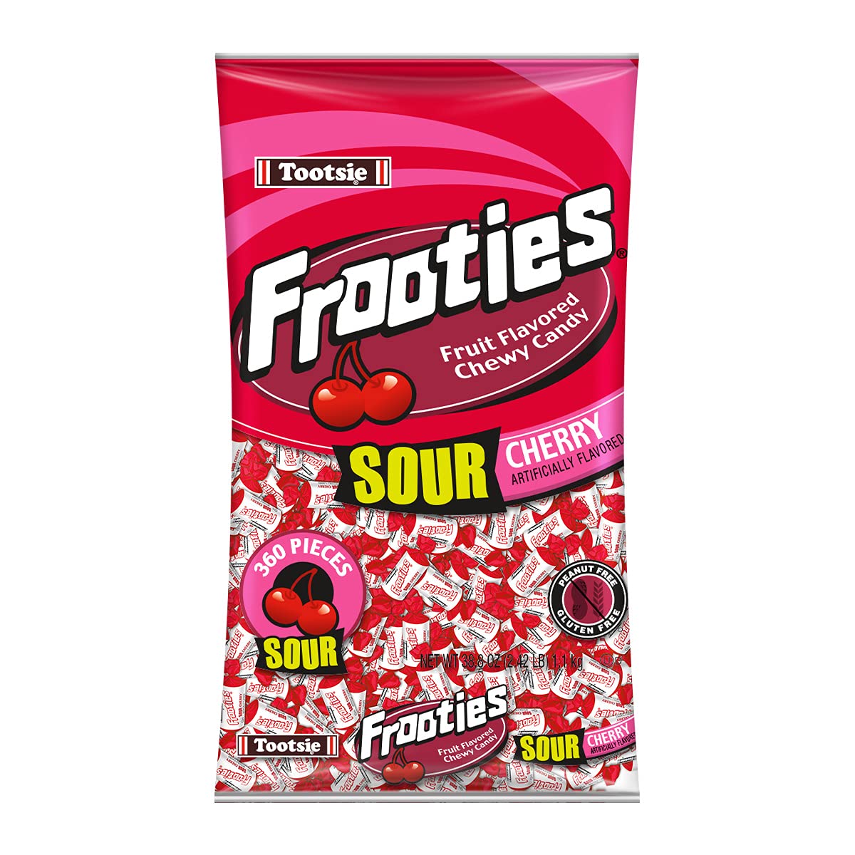 Tootsie Roll Frooties frente de bolsa mostrando diseño y cantidad por conveniencia
