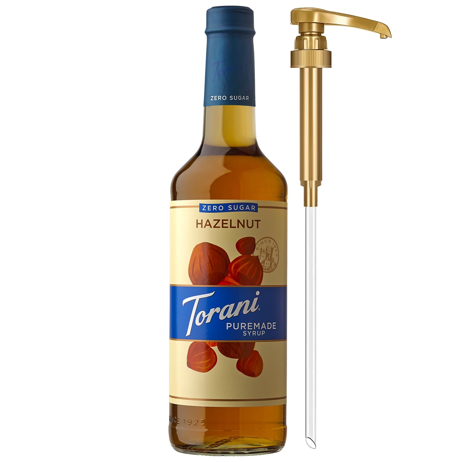 Torani botella frontal mostrando diseño y volumen práctico